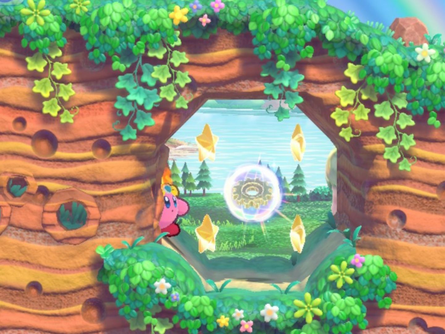 Kirby approaching the first Energy Sphere in Stage Four of Cookie Country in Kirby's Return to Dream Land Deluxe 