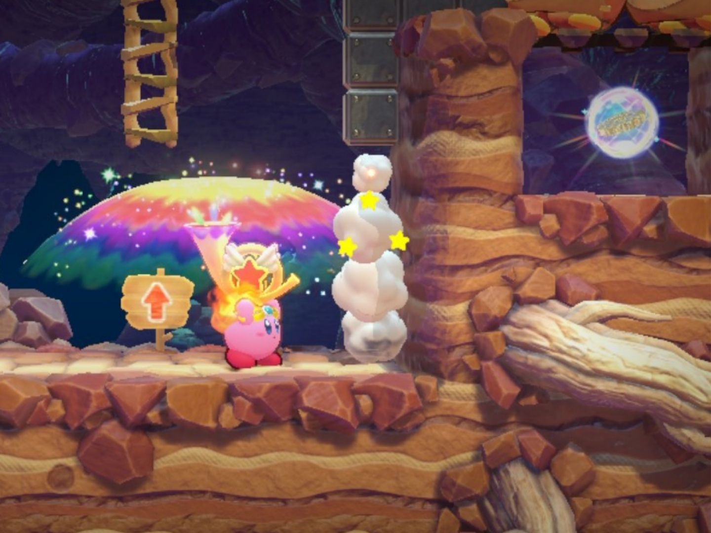 Kirby waits for the blocks to disappear to get the Energy Sphere in Kirby's Return To Dream Land Deluxe.