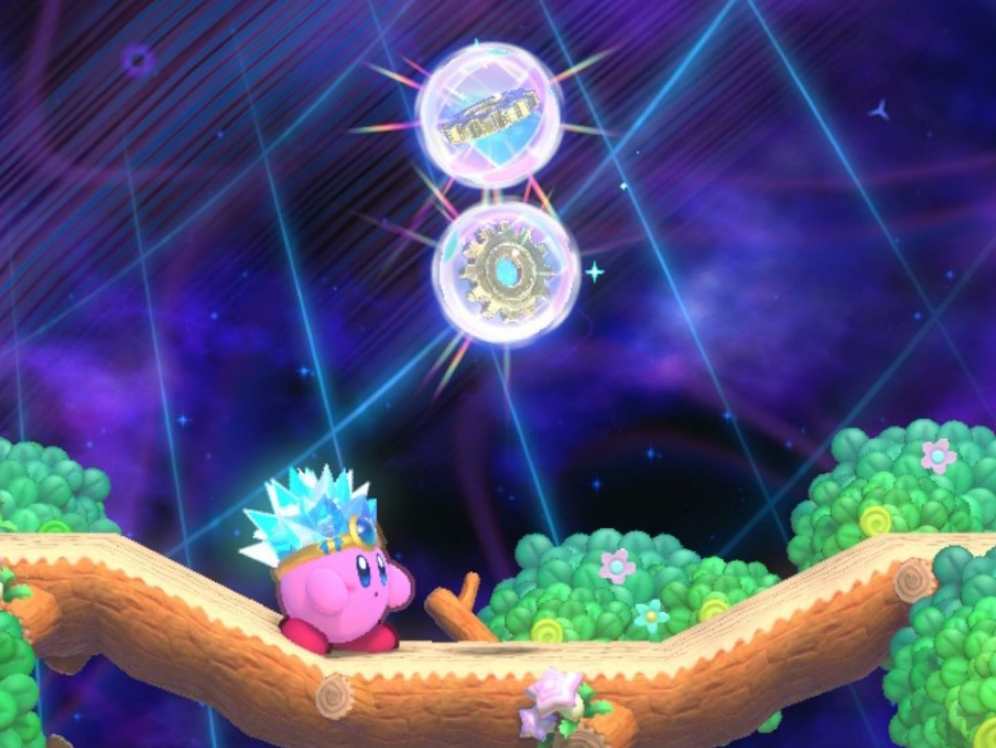 Kirby below two Energy Spheres in Cookie Country Stage Four in Kirby's Return to Dream Land Deluxe.