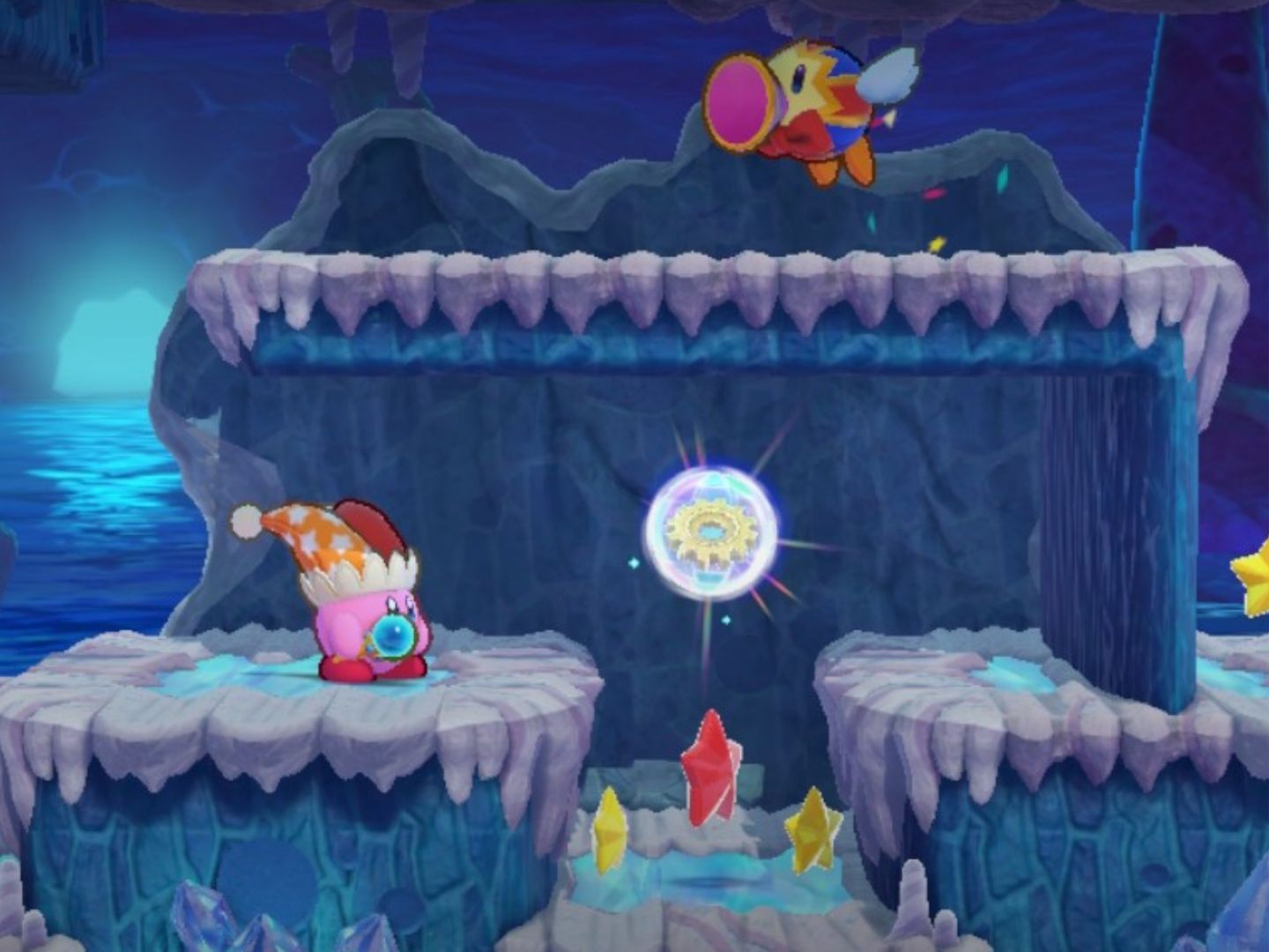Kirby in front of the final Energy Sphere in Cookie Country Stage Three.