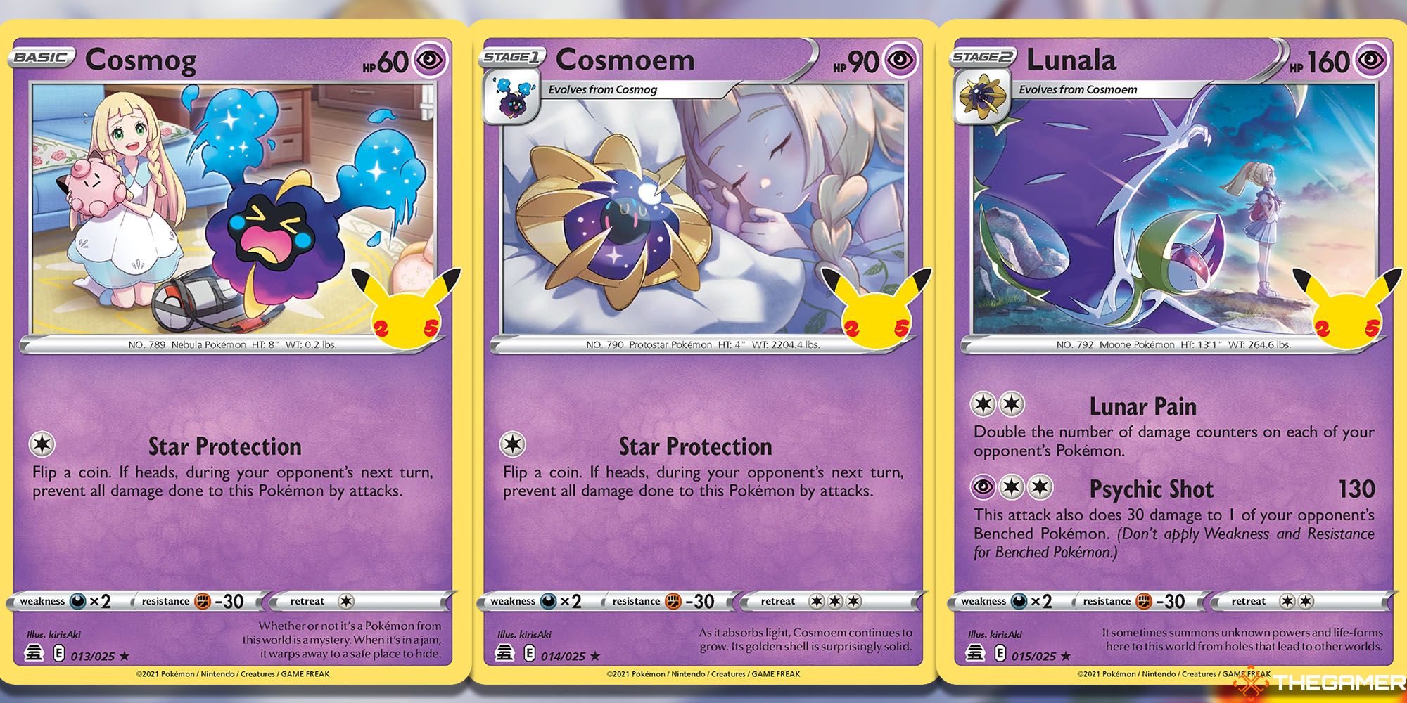 Cosmog (Celebrations #013), Cosmoem (Celebrations  #014), and Lunala (Celebrations #015) Pokemon TCG cards.