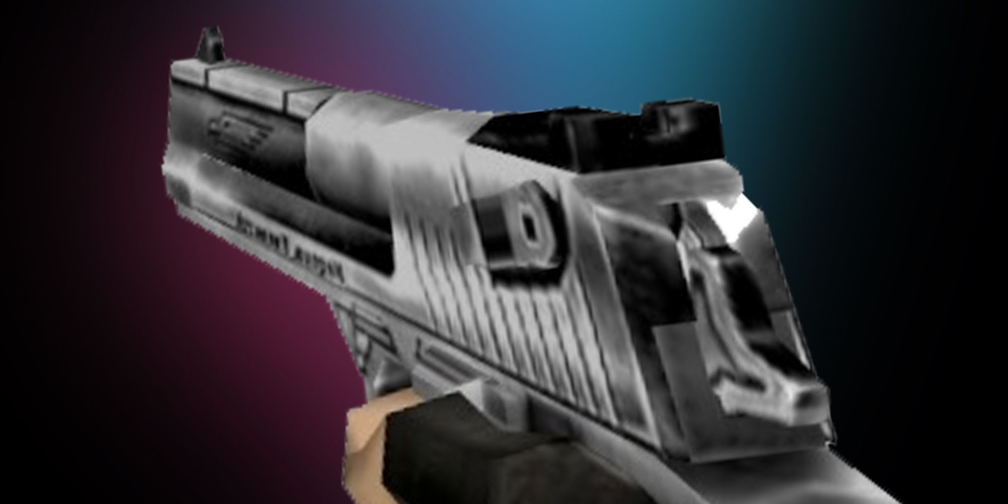 Counter-Strike Deagle from a first-person POV over a purple, black, and blue gradient background