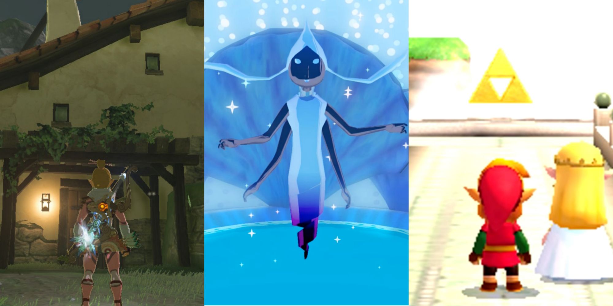 Split image of The Legend of Zelda Series Featuring Link's Home from The Breath of the Wild, the Great Fairy from Wind Waker, and Link, Zelda, and the Triforce from A Link Between Worlds