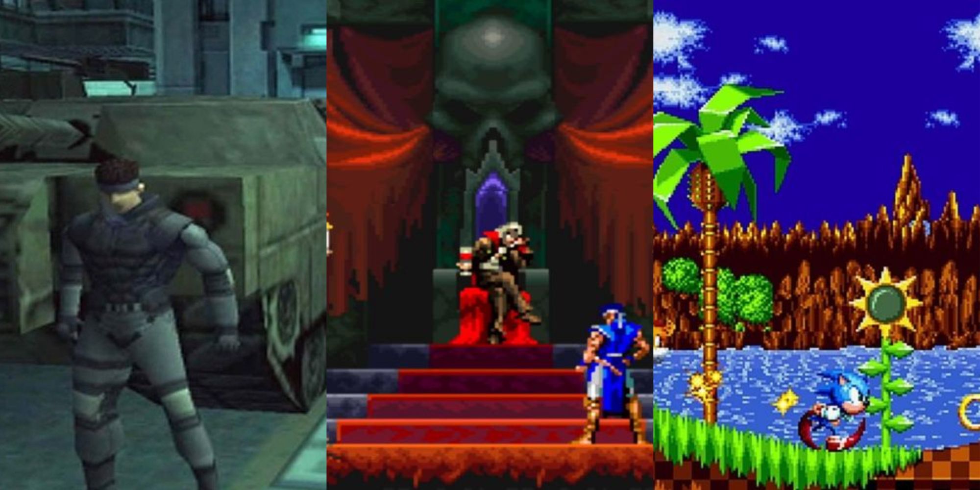 Snake leaning against a tank in Metal Gear Solid, Richter beside Dracula on his throne, and Sonic running in Green Hills, left to right