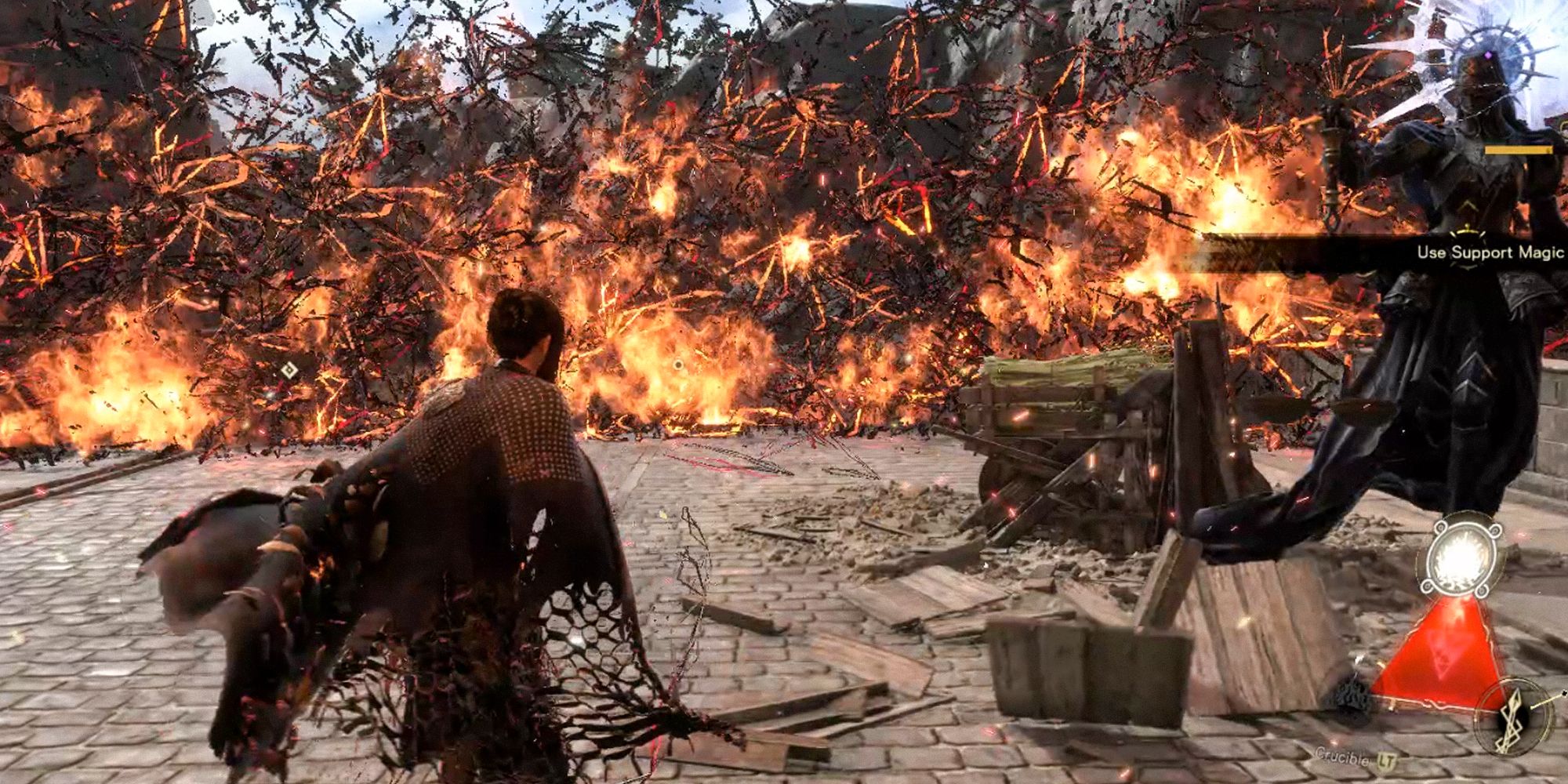 Frey using the Crucible spell to create a wall of fire.