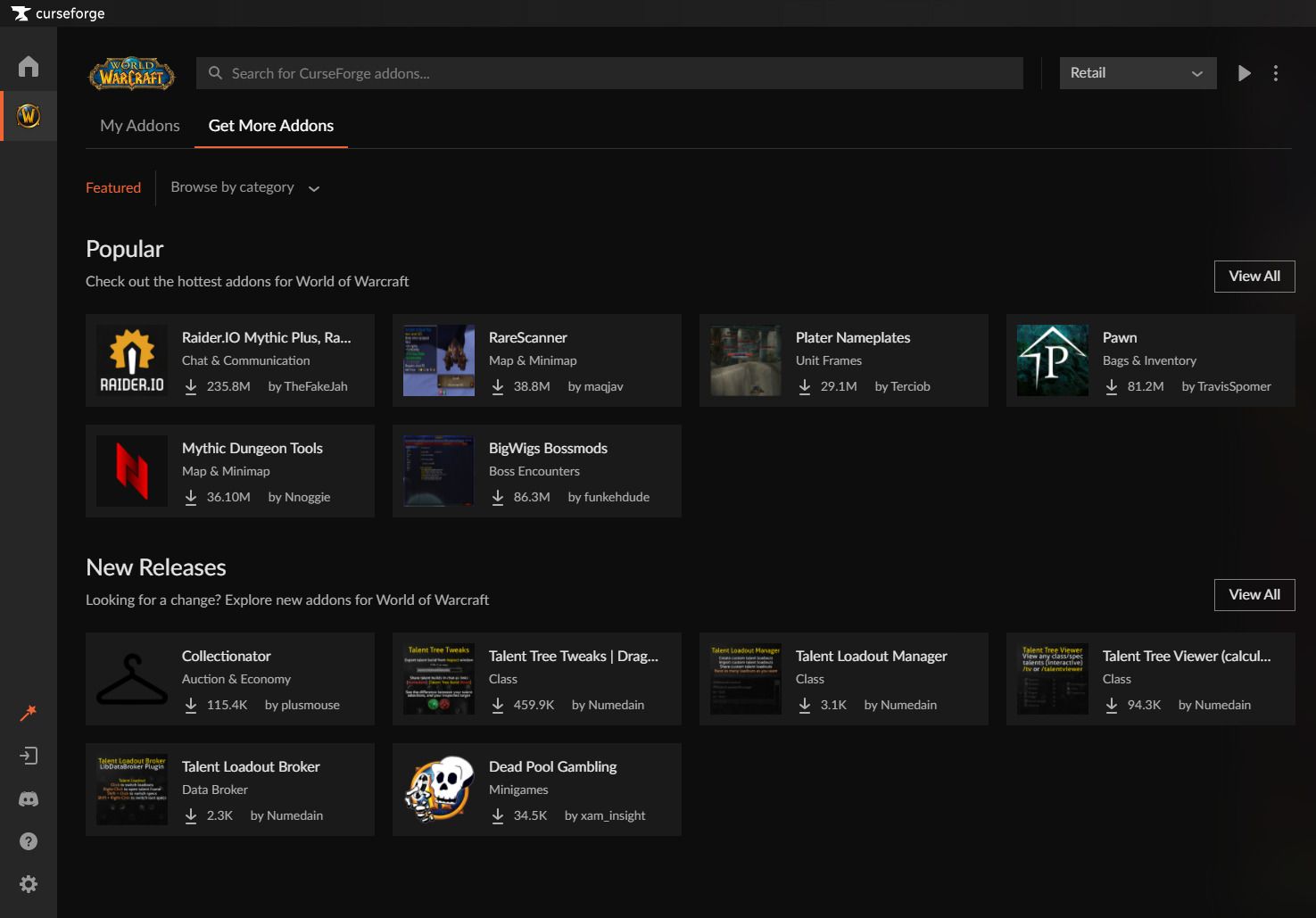 CurseForge Get More Addons screen for World of Warcraft Retail
