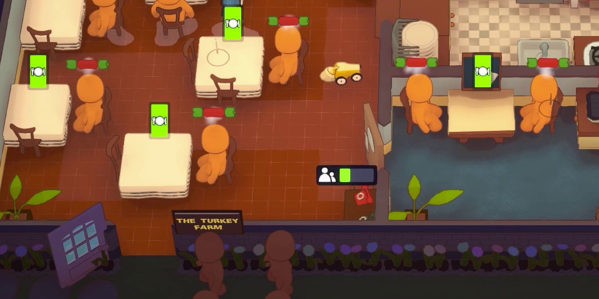 A screenshot of customers waiting at tables as well as waiting outside the restaurant in PlateUp!