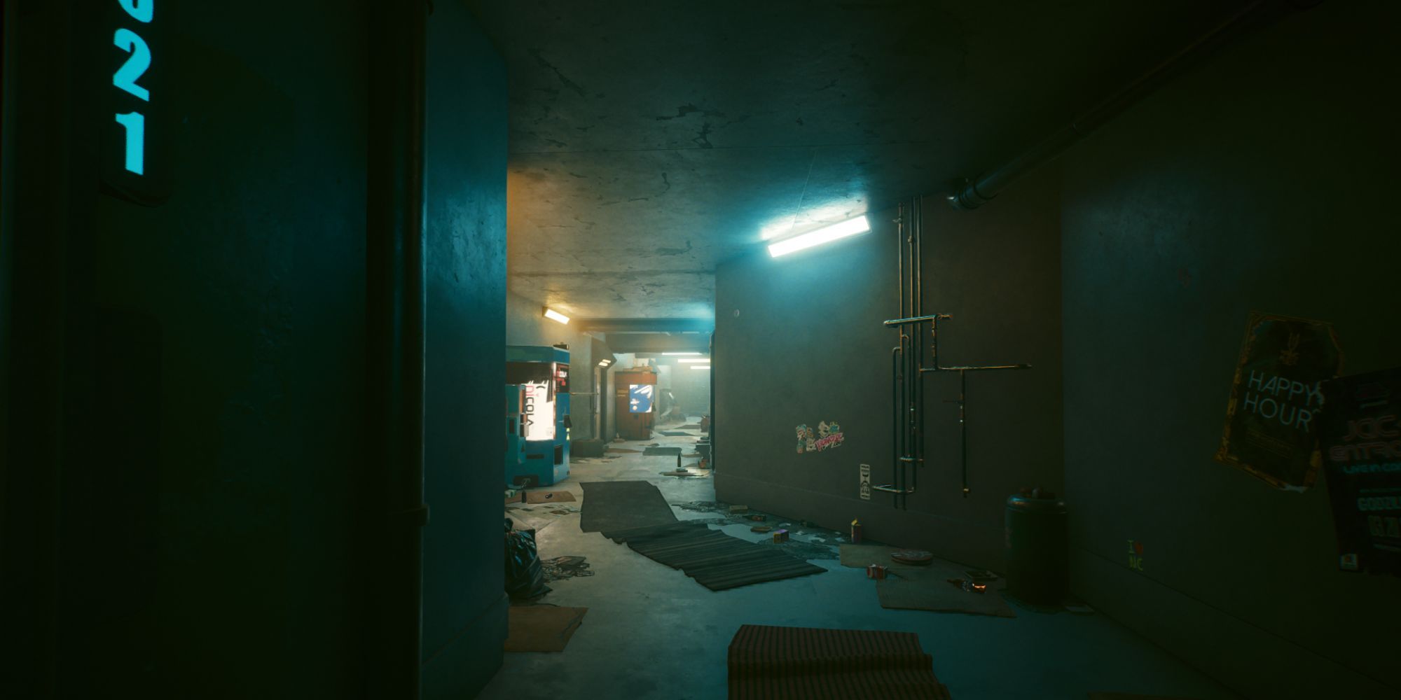 A corridor in Cyberpunk 2077, feauring a vending machine and a lot of trash on the ground