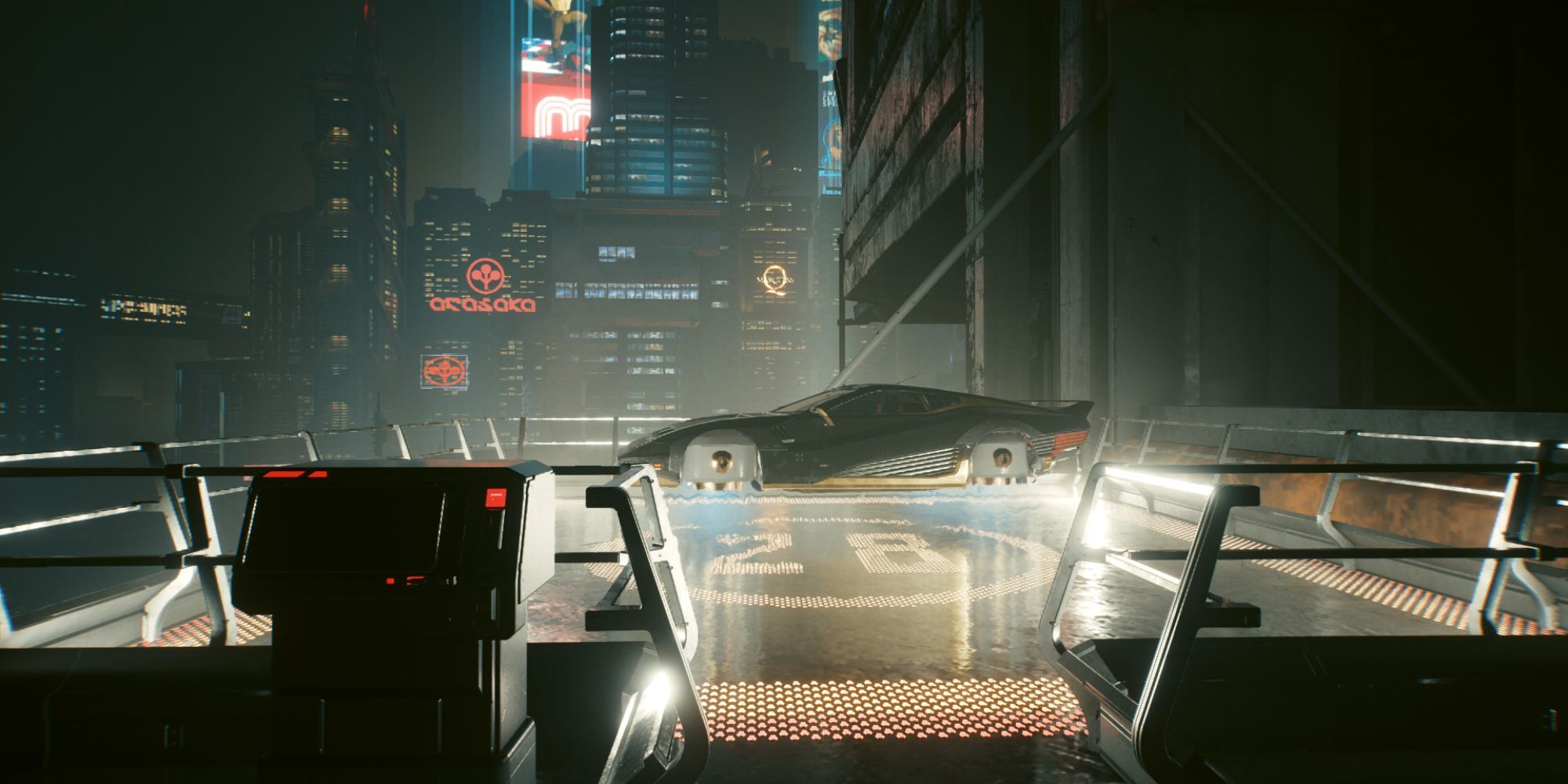A flying car parking on a landing pad in Cyberpunk 2077