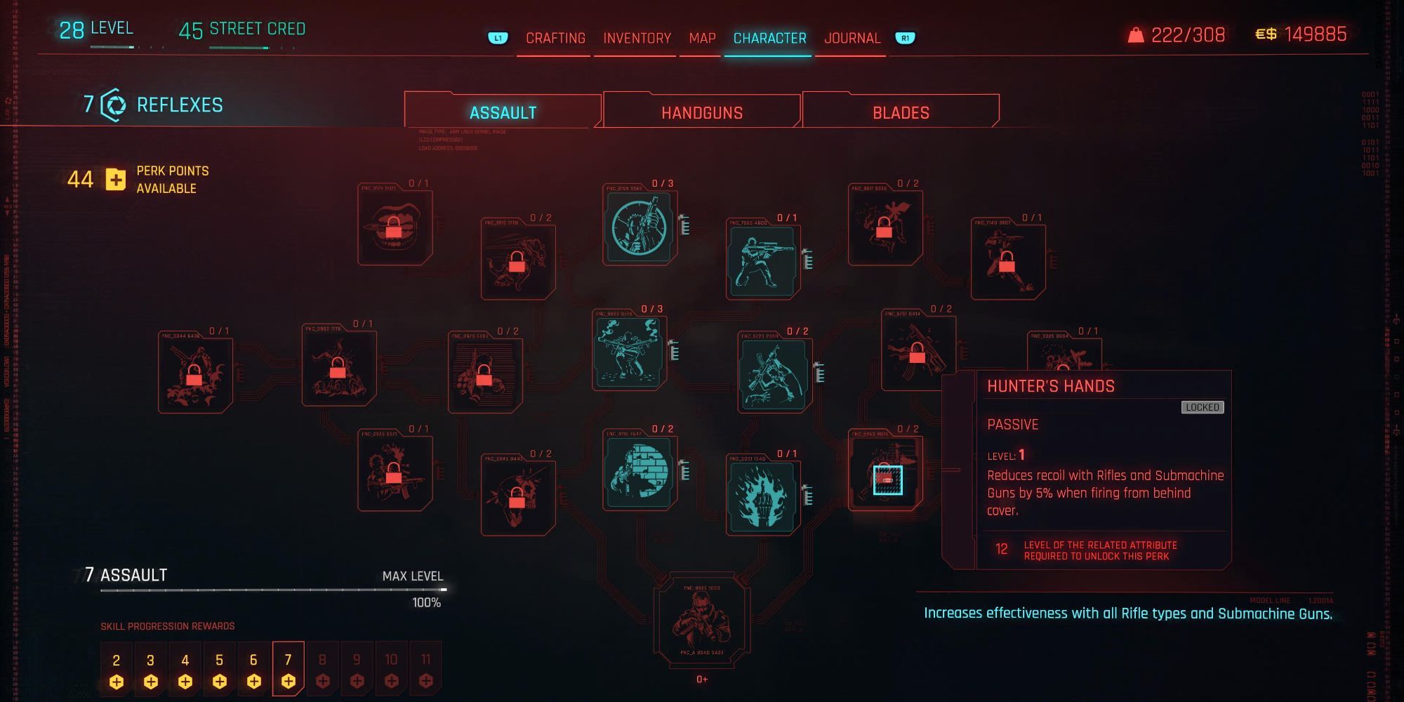 Cyberpunk 2077 Assault Hunter's Hands Skill Tree