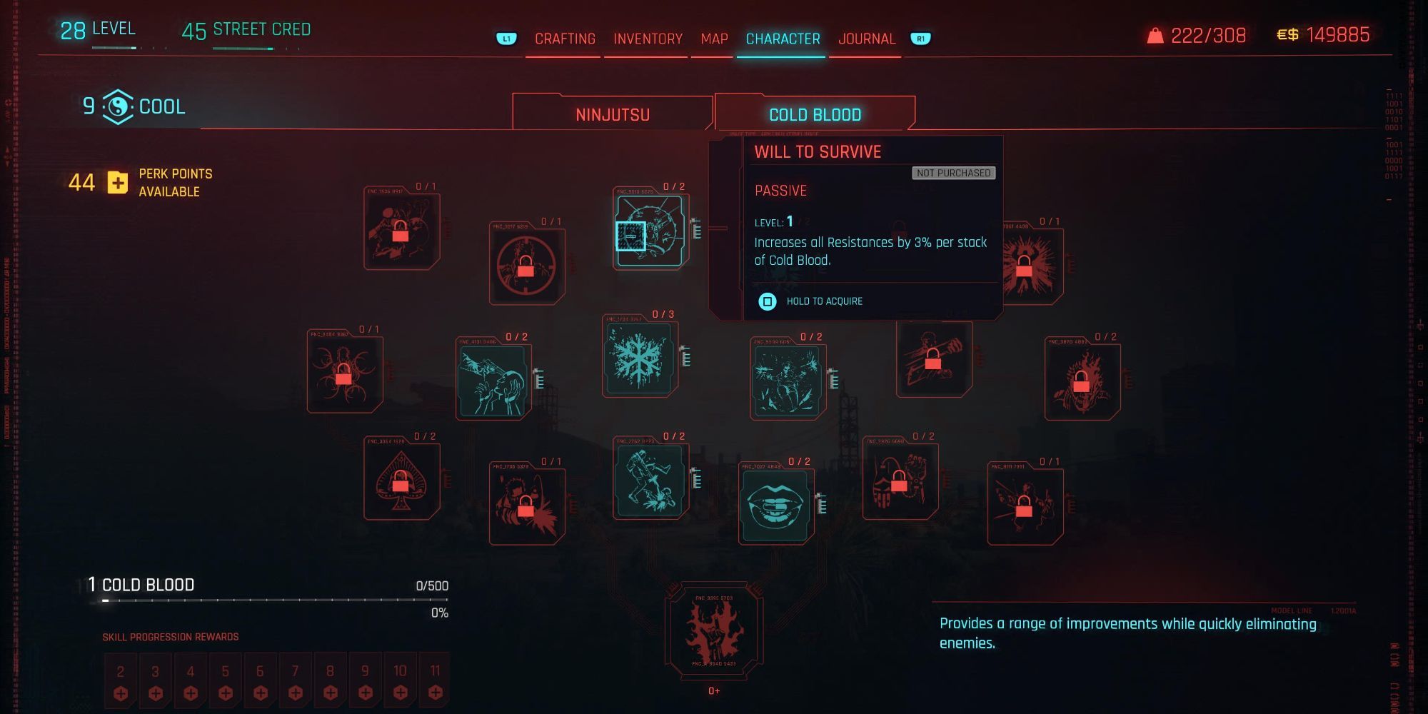 Cyberpunk 2077 Cold Blood Will To Survive Skill Tree