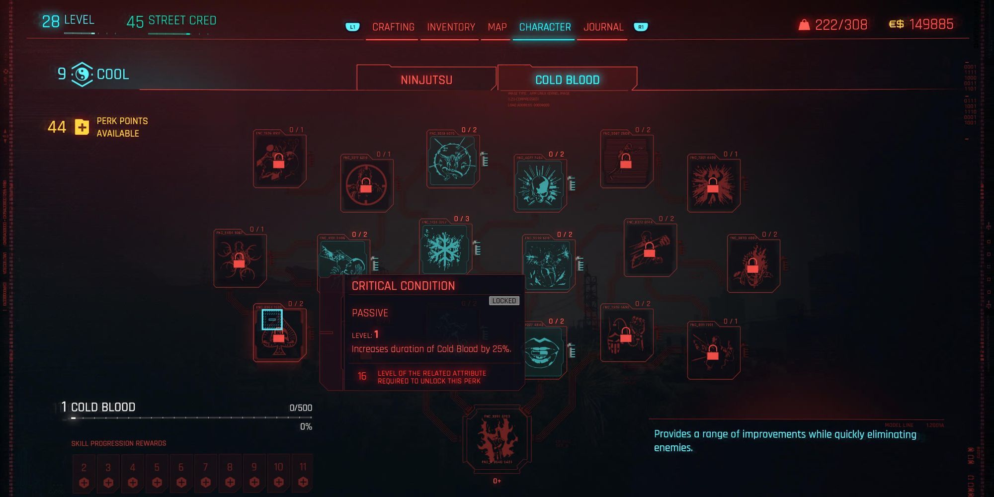 Cyberpunk 2077 Cold Blood Critical Condition Skill Tree