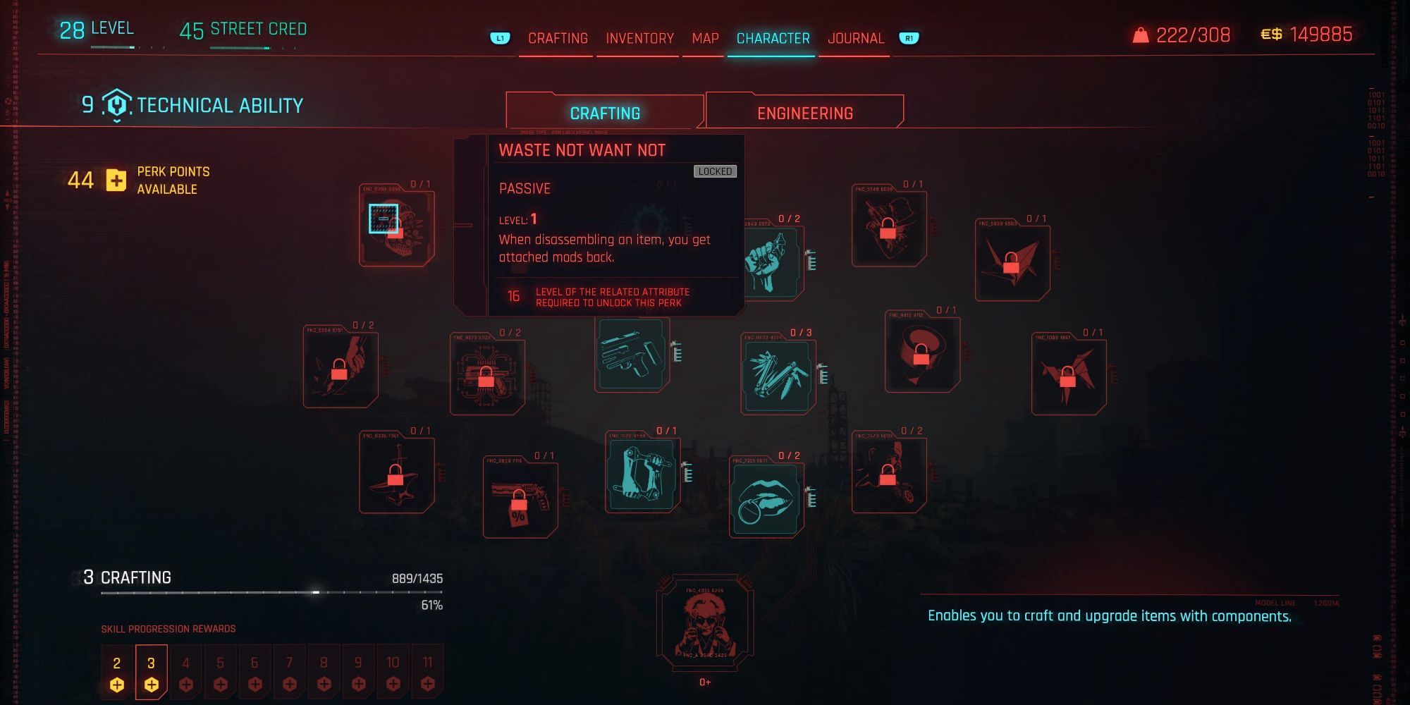 Cyberpunk 2077 Crafting Waste Not Want Not Skill Tree