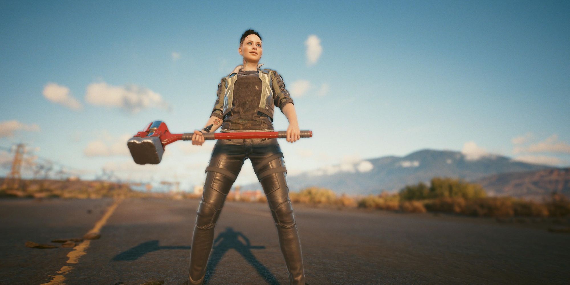 Cyberpunk 2077 V Standing In Road Holding A Hammer