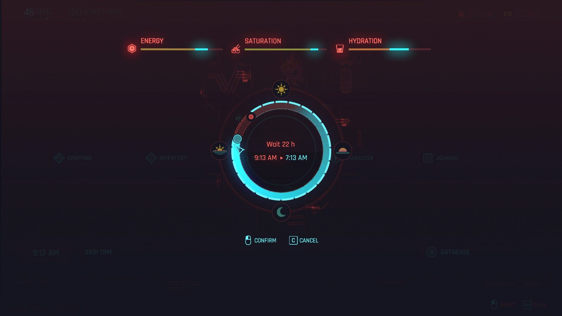 A modified Cyberpunk 2077 screen displaying hunger, thirst, and energy meters. Players decide how long they sleep. 