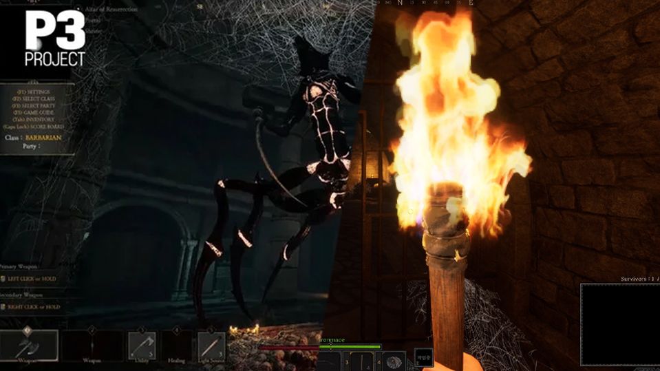 P3 showing a giant spider boss on the left, while Dark and Darker shows someone holding a torch on the right