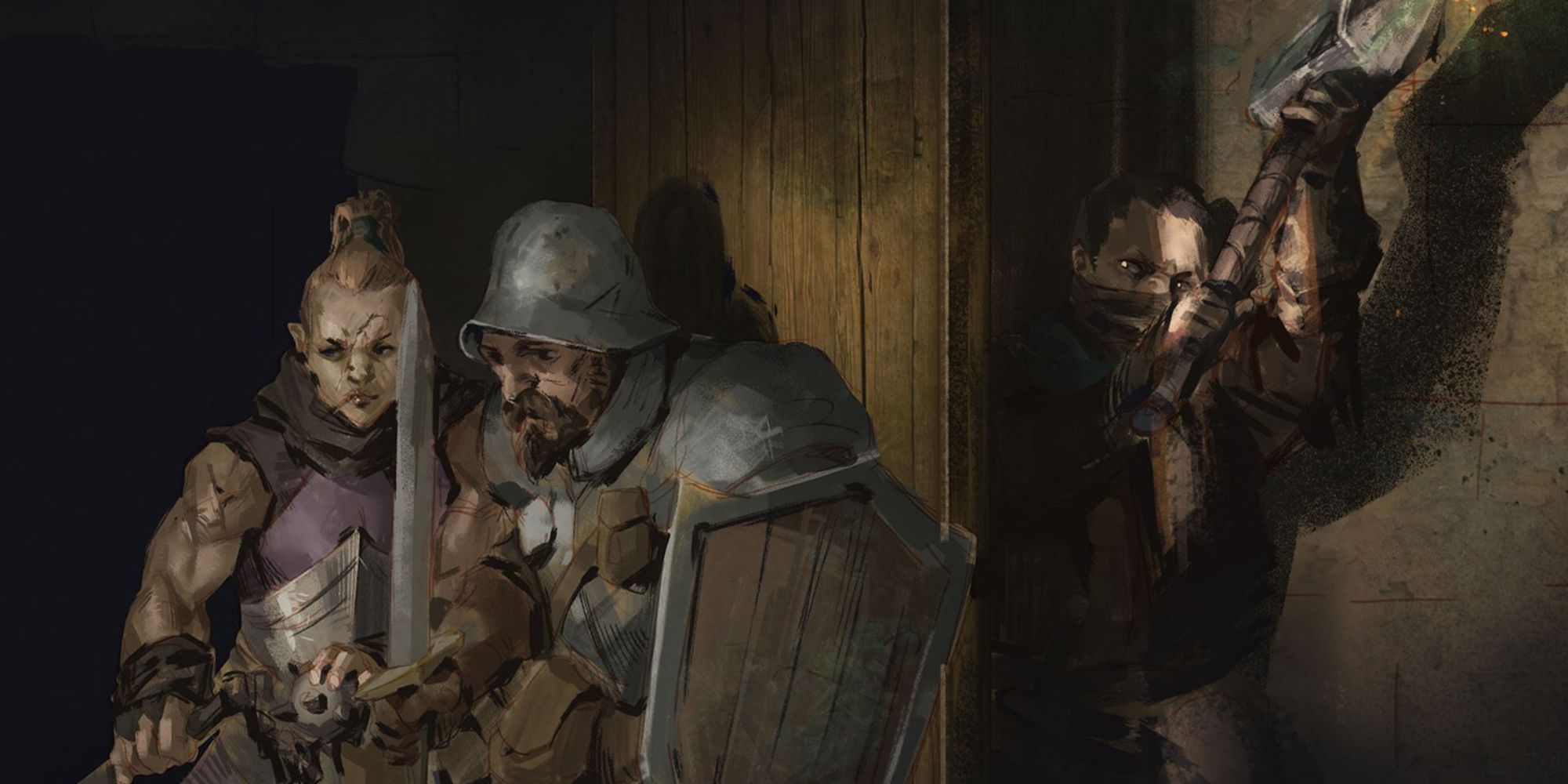 Dark & Darker soldiers hiding while a man comes around the corner swinging a hammer