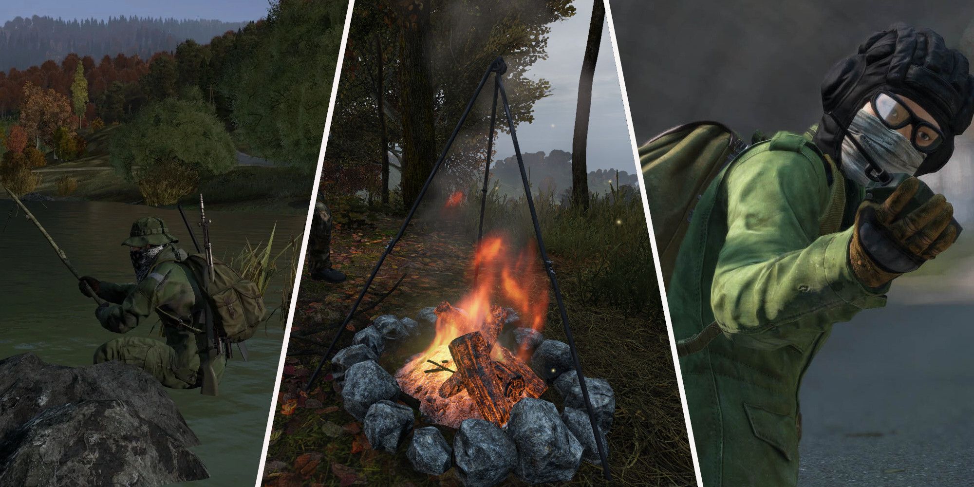 Split image: from left to right,  person fishing on top of rock, campfire with rocks and 3 sticks above it, and character in green shirt, helmet and backback with walkie talkie