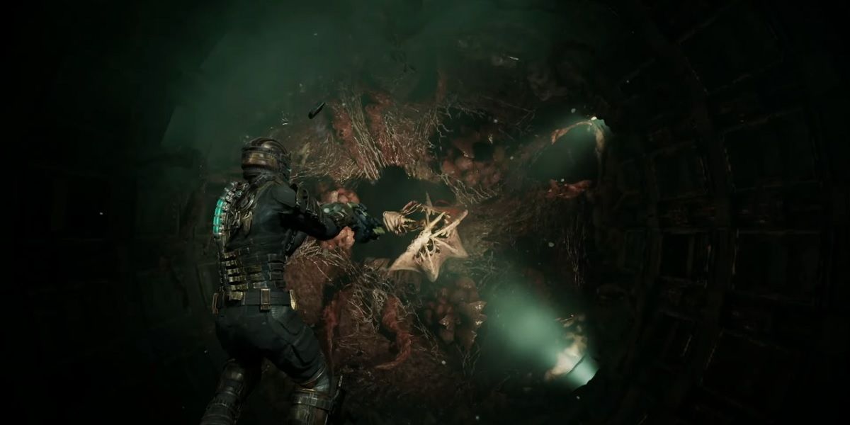 Isaac suspended in zero gravity as he faces the mighty Leviathan boss in Dead Space.