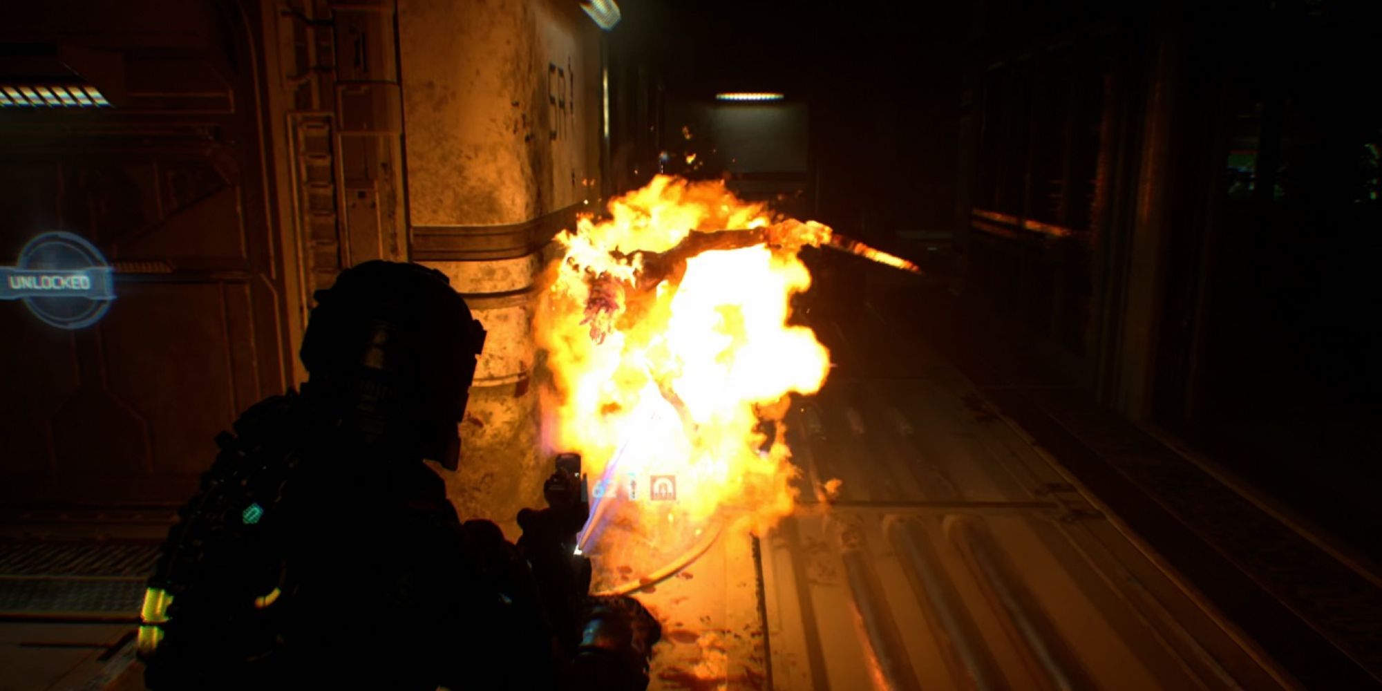 dead space flamethrower being shot at necromorph