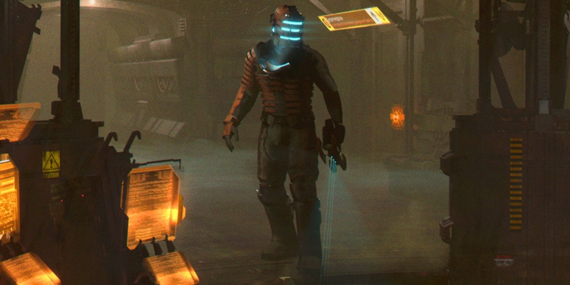Dead Space Isaac Standing in circular area with little light and cutter in hand