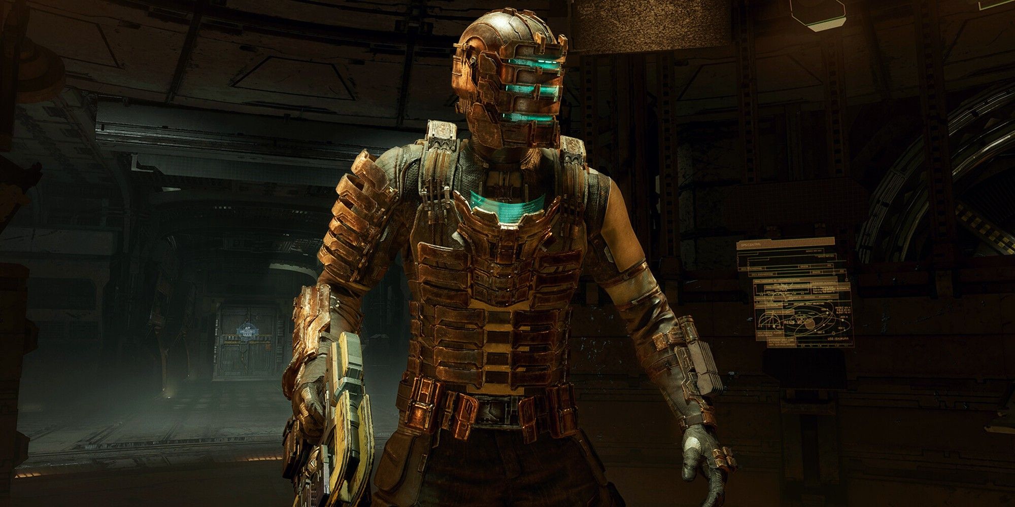 Isaac Clarke From Dead Space Remake Standing In Dark Room Aboard USG Ishimura