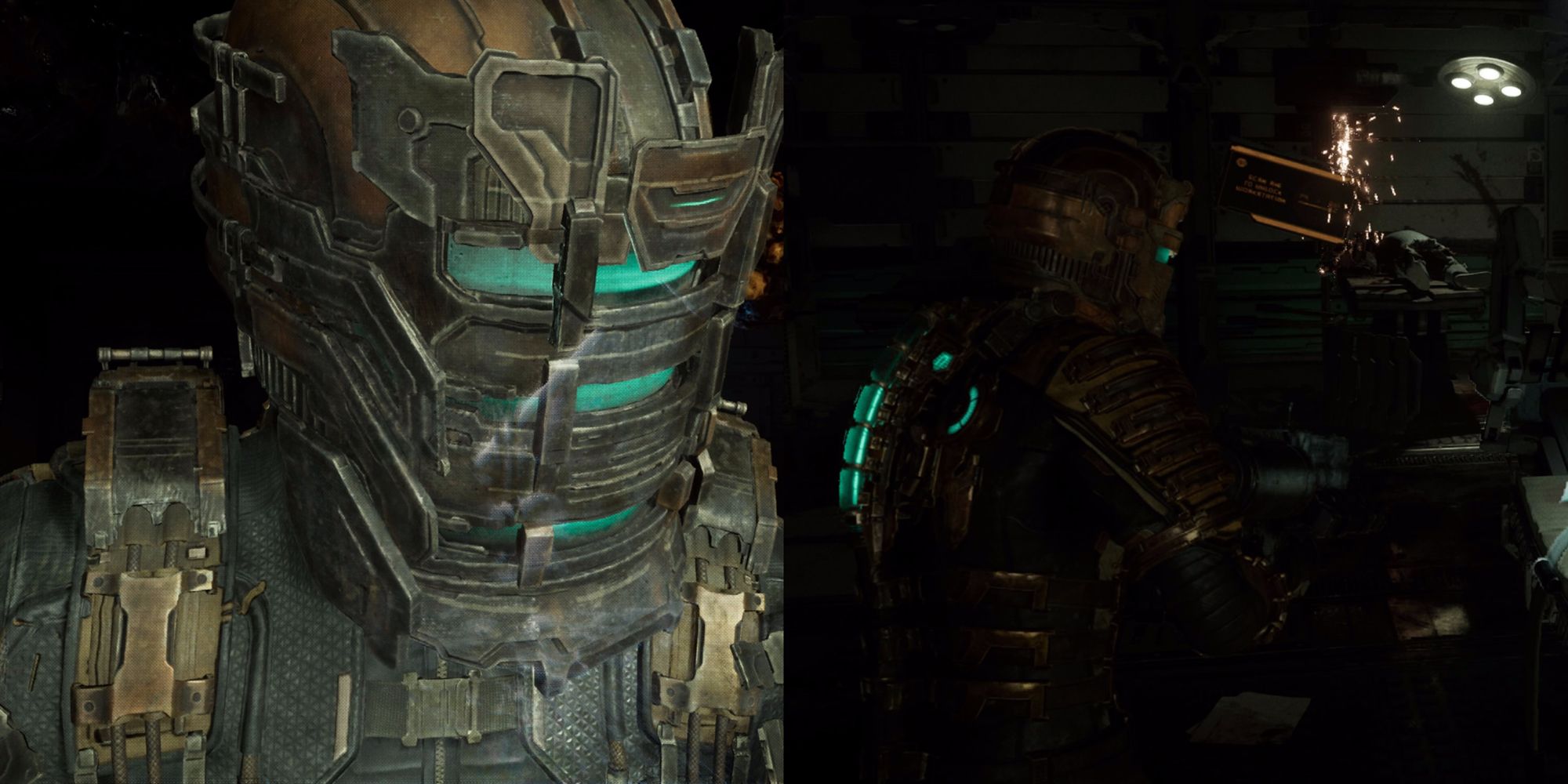 Dead Space split image closeup of Isaac and then gameplay