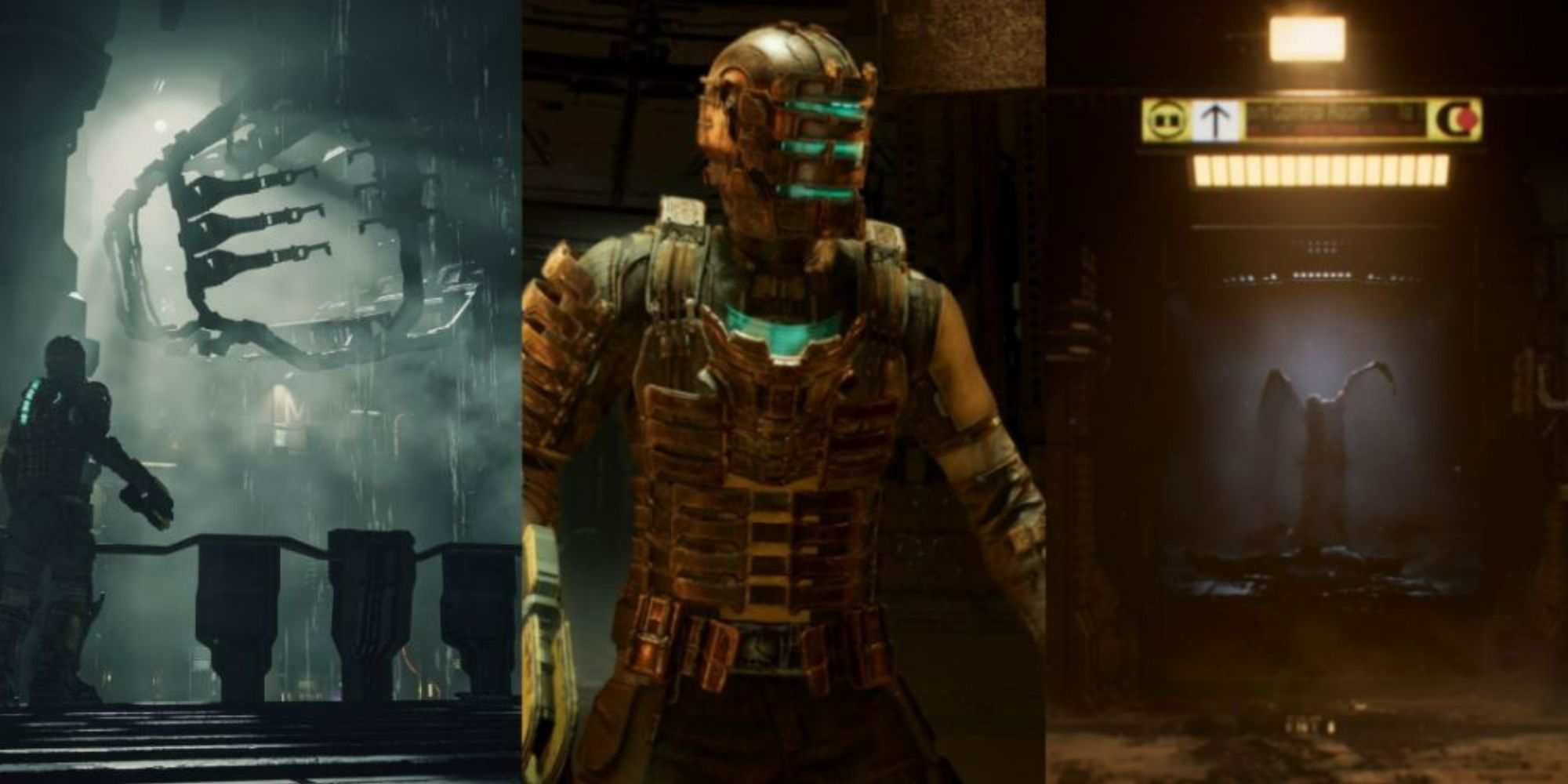 Image collage of Dead Space screenshots featuring Isaac Clarke looking at shuttle, close up of armor, and a necromorph in a doorway