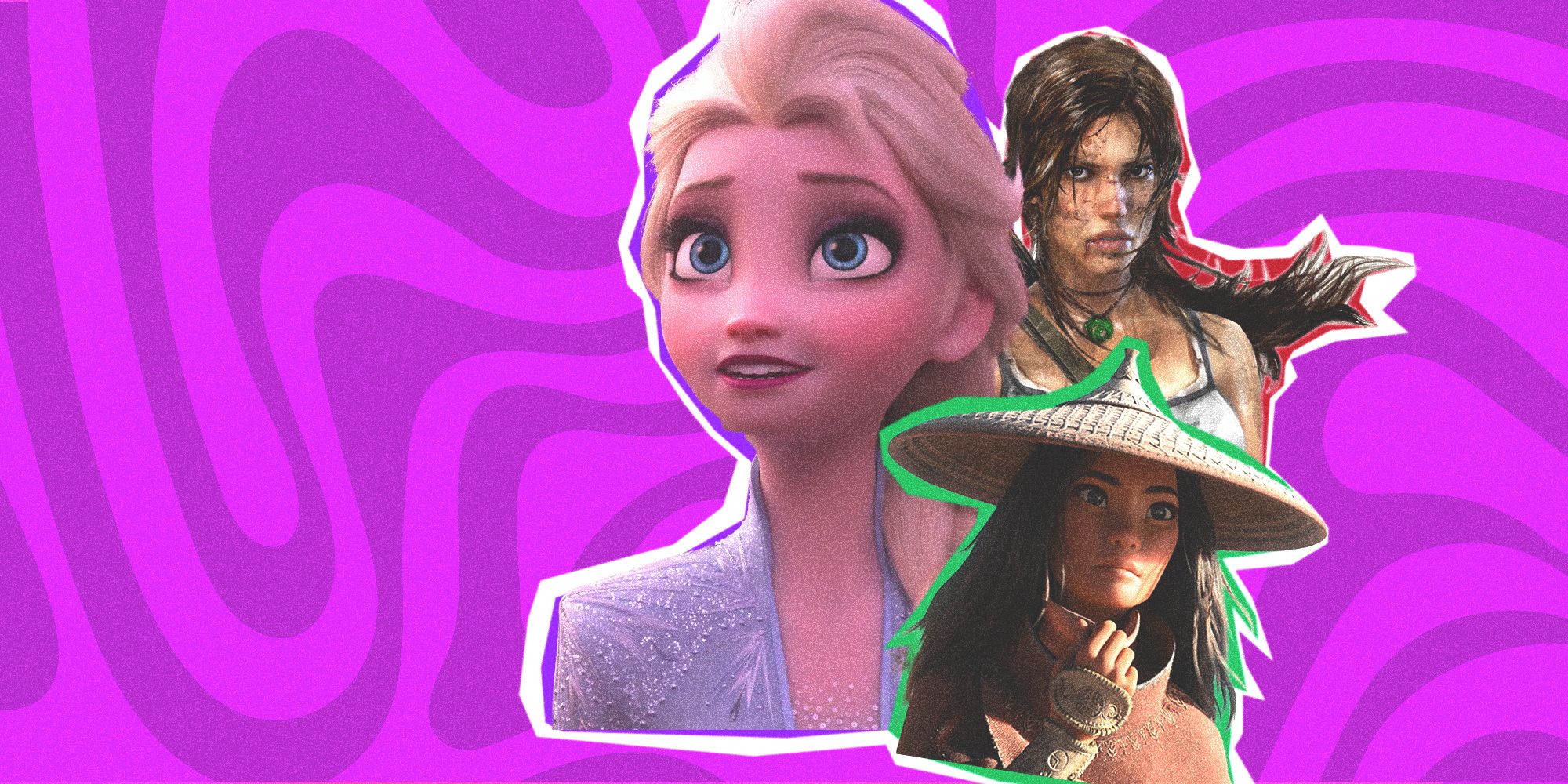 Disney princesses Elsa and Raya with Tomb Raider