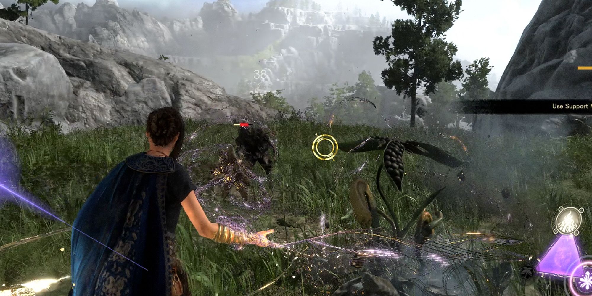 Frey using the Disperse spell to place a flower cannon that attacks enemies.