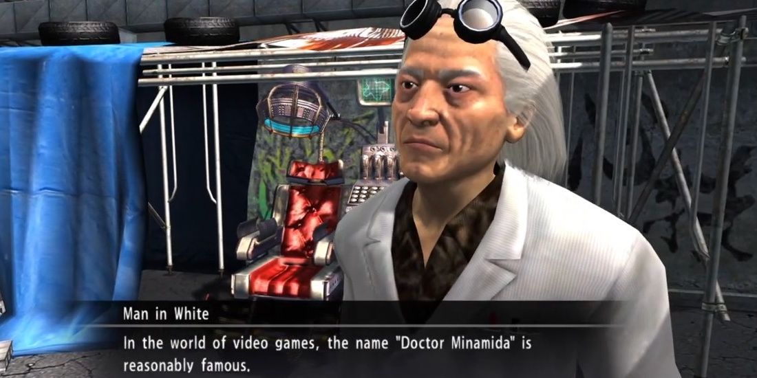 Doctor Minamida next to his arcade game from Yakuza 3.