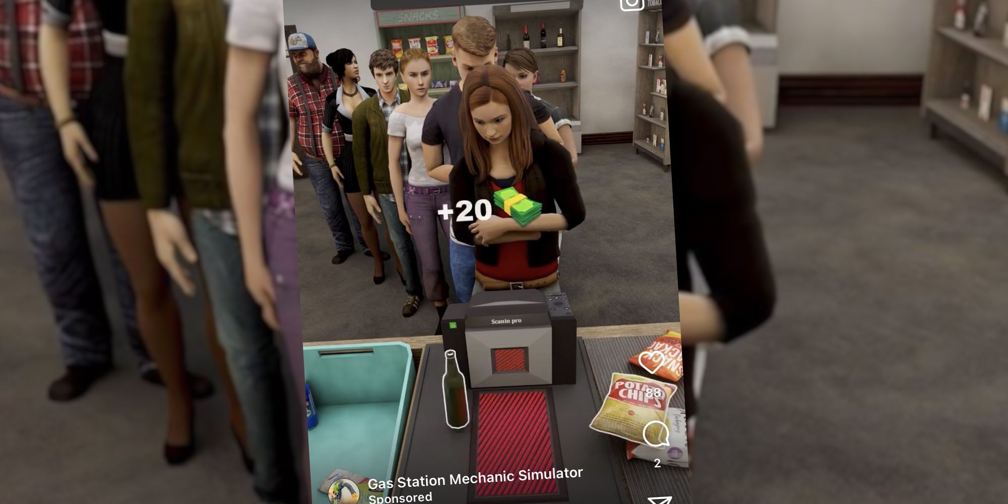 Doctor Who Amy Pond in Gas Station Mechanic Simulator ad buying potato chips while a queue waits behind her