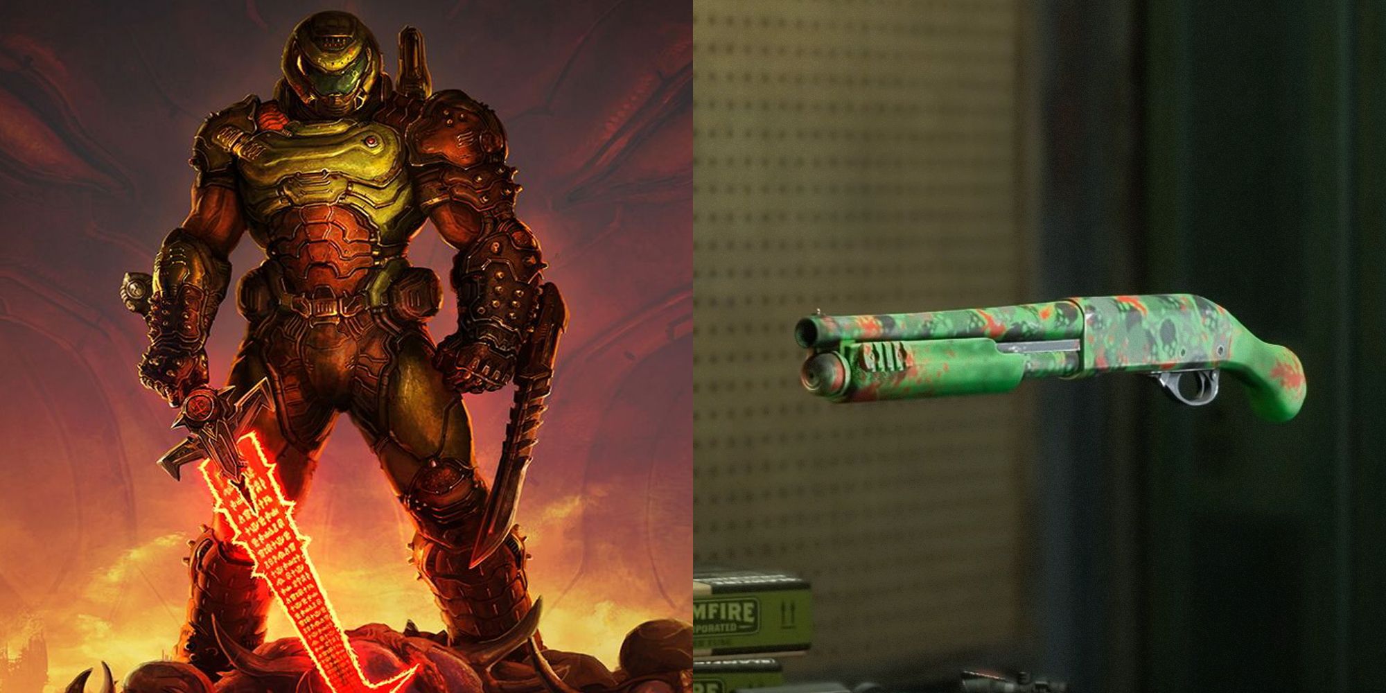 Split image with two photos. The left is Doomslayer from Doom Eternal. The right is a weapon skin from Back 4 Blood.