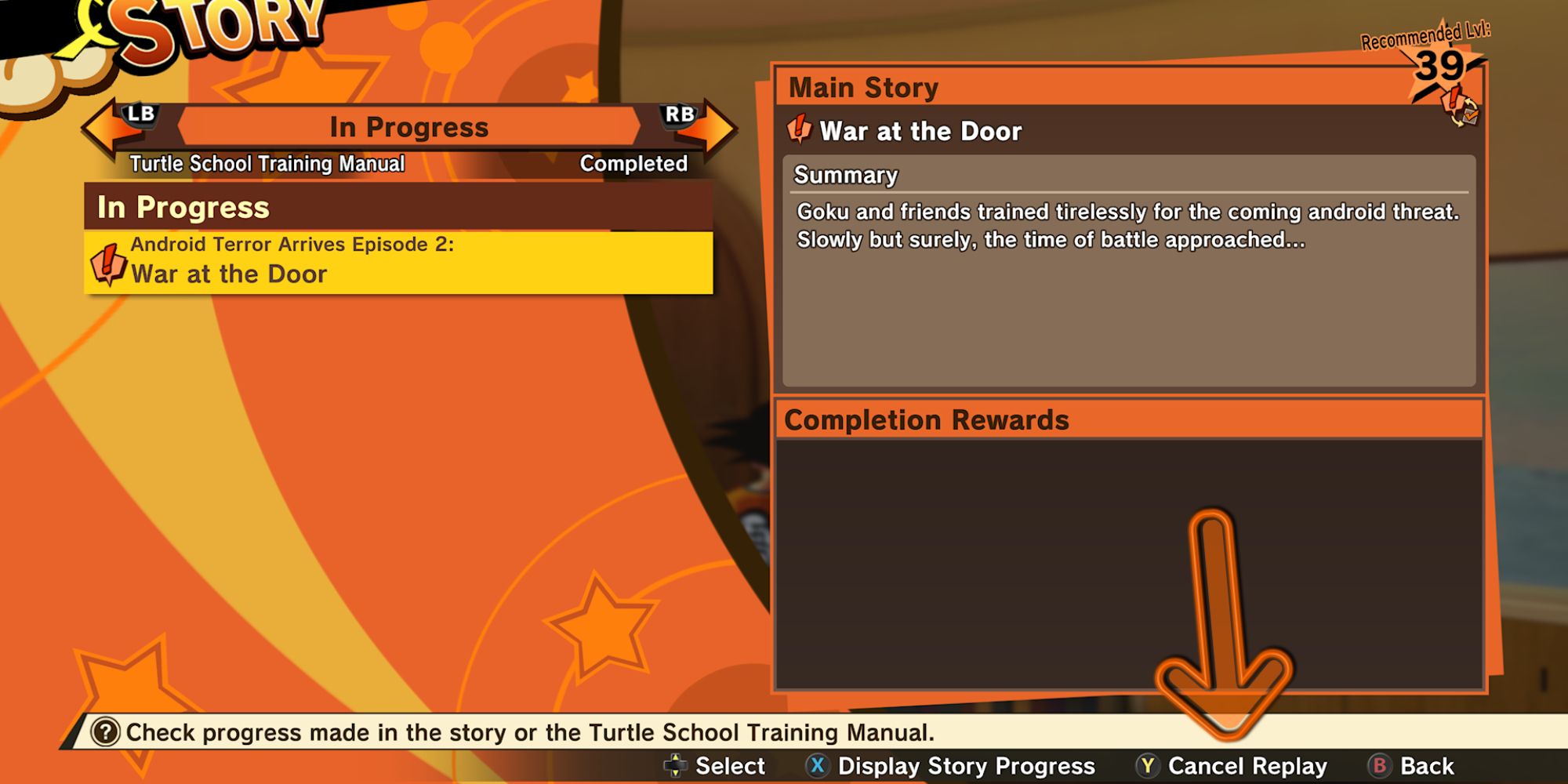 Dragon Ball Z Kakarot Скриншот меню истории со стрелкой, указывающей на кнопку отмены повтора