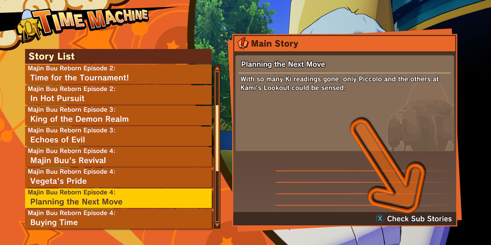 Dragon Ball Z Kakarot Screenshot Of Time Machine Story List With An Arrow Pointing At Check Sub Stories Button
