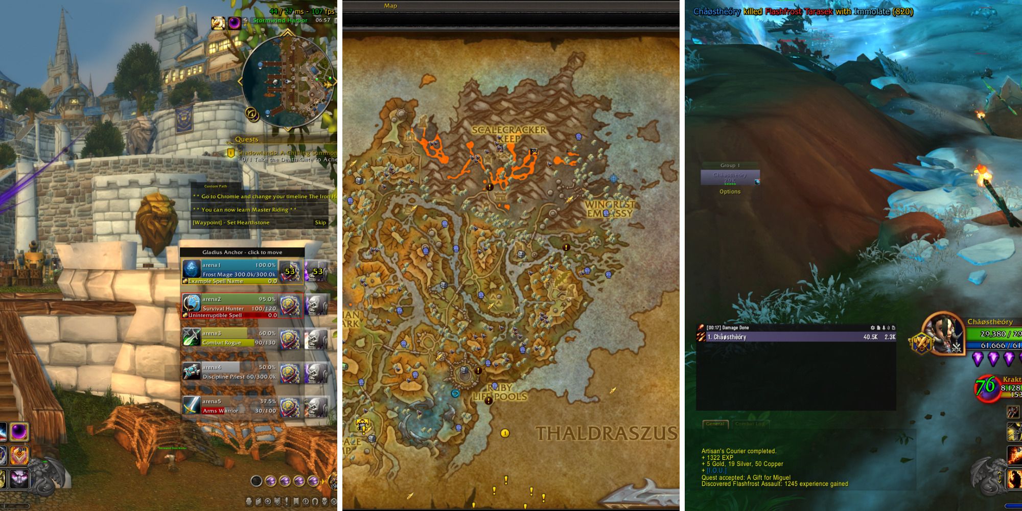 A 3 in 1 collage displaying the example screen of Gladius, a world map with node markers from Gathermate, and tracked DPS from a Warlock using Damage Meter