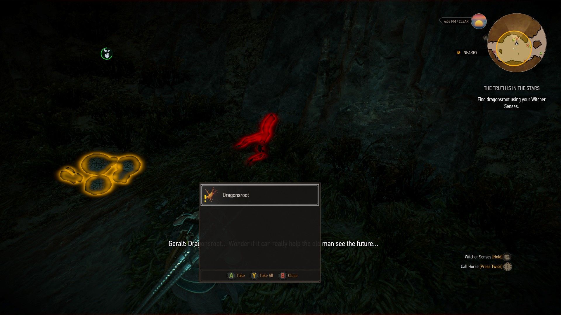 A screenshot of Geralt inspecting a plant on the ground, highlighted in red with his Witcher Senses.