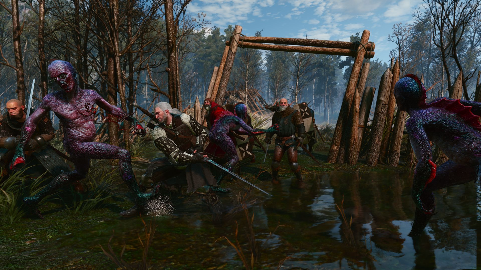 Geralt and some men are attacked by a swarm of drowners as they walk through a half-sunken archway in a swamp.