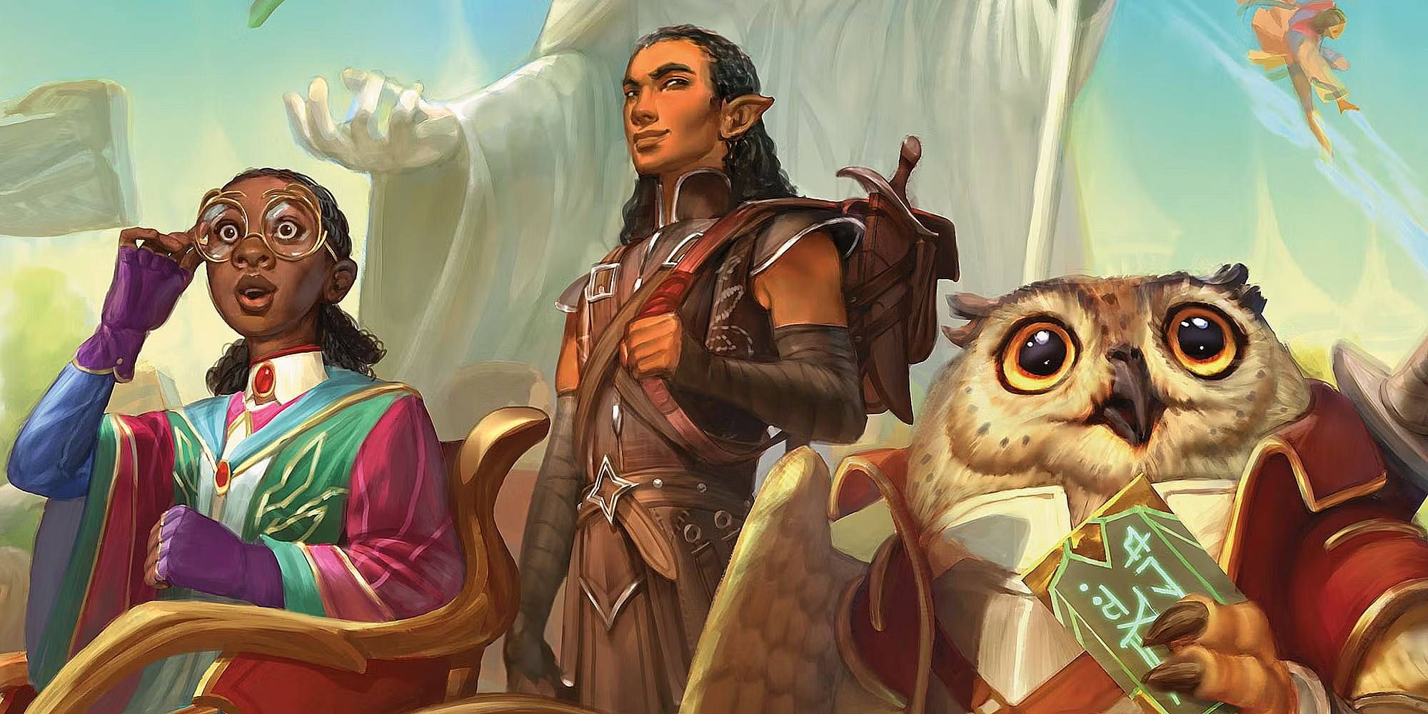 Three figures, a dark-skinned young woman, a half-elf, and an owl, look around curiously.