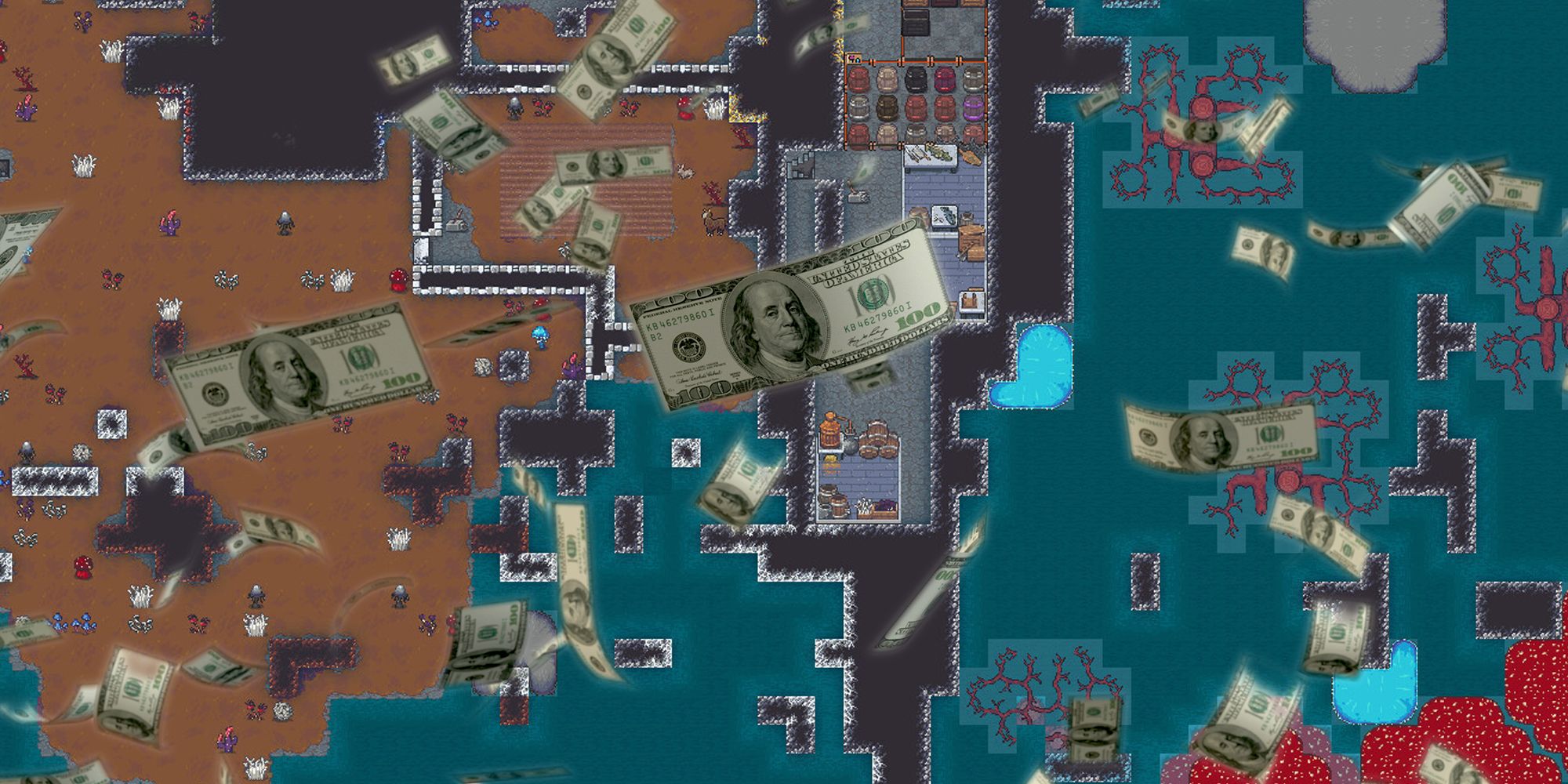 An overview of a Dwarf Fortress map with US dollar bills floating over it 