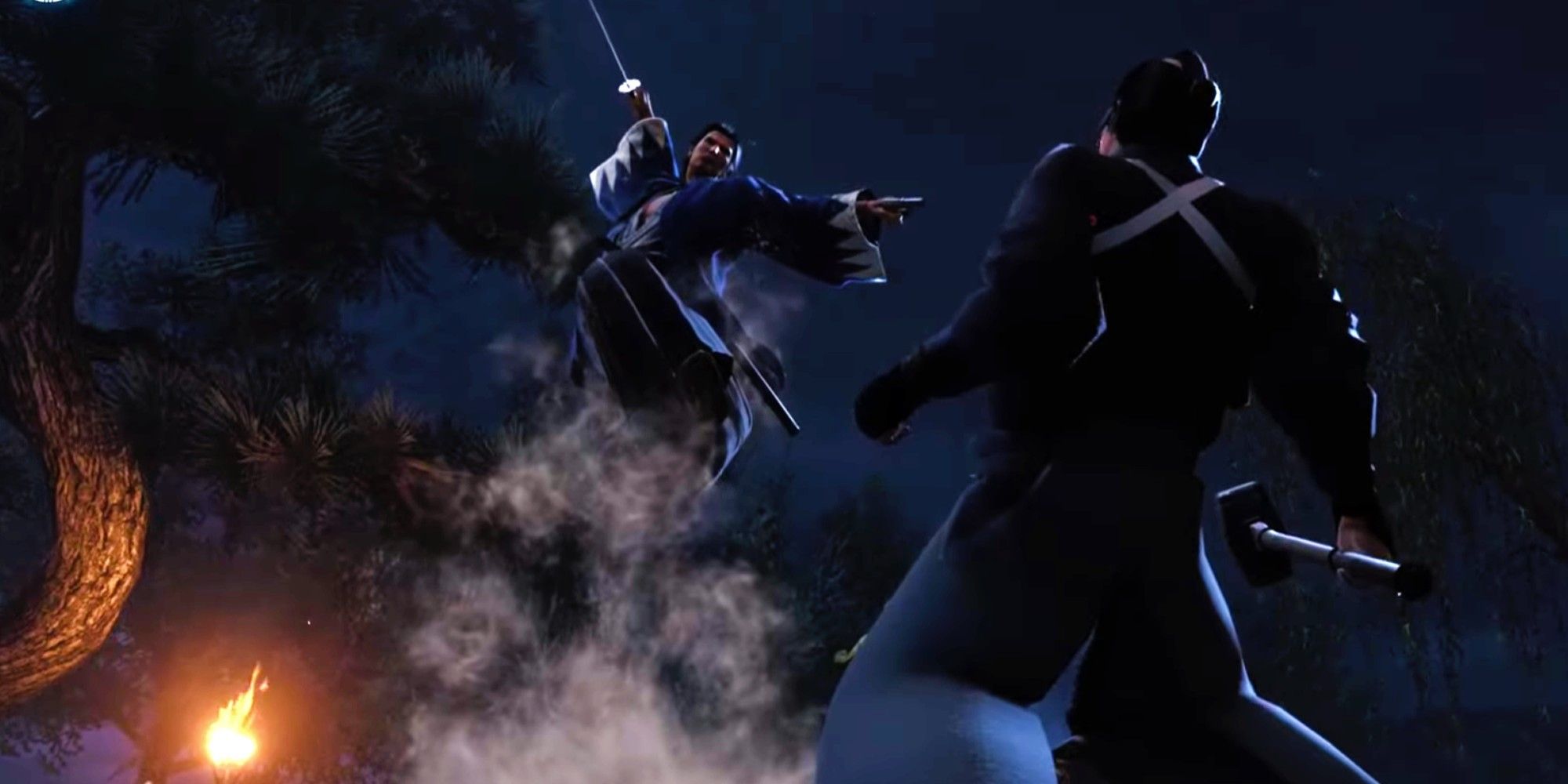Ryoma leaps into the air and prepares to strike an enemy below - Like A Dragon Ishin