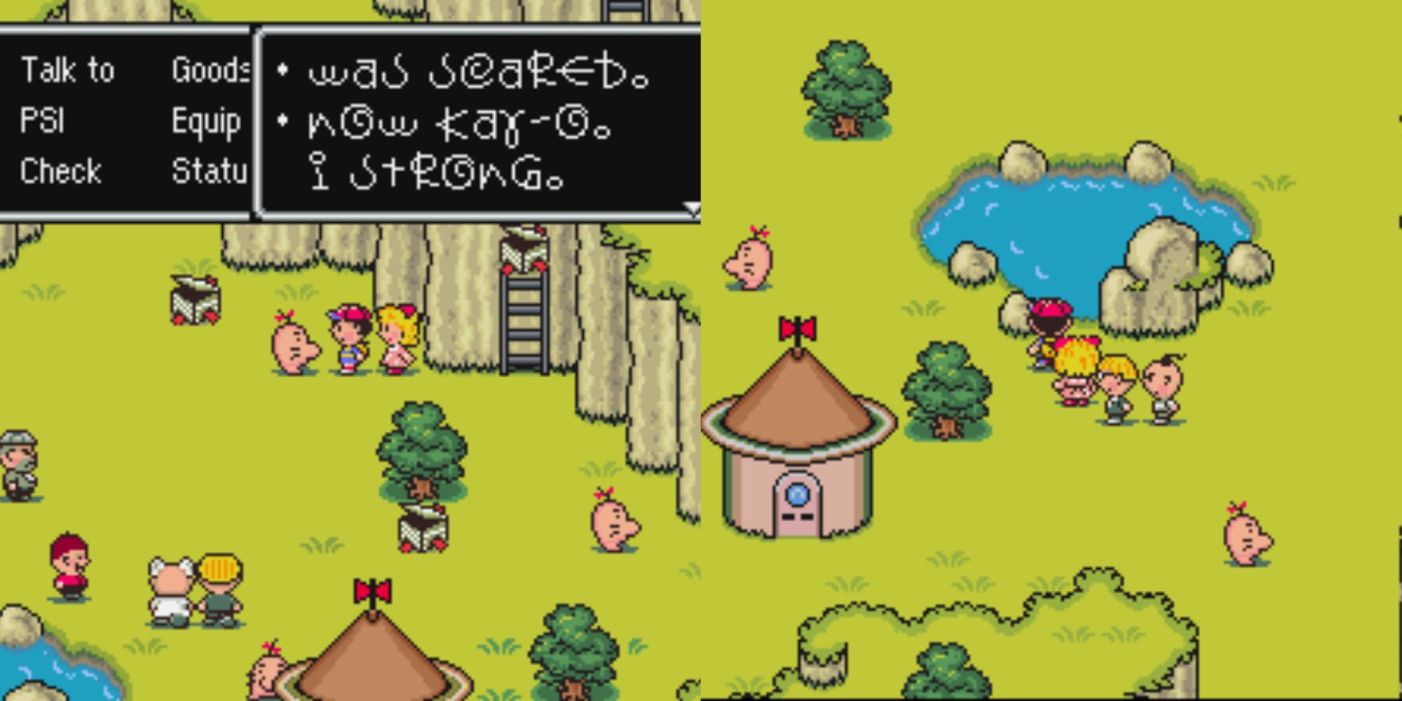Split image screenshots of the party speaking to a Mr Saturn and the party at the pond in Saturn Valley surrounded by Mr Saturn in Earthbound.