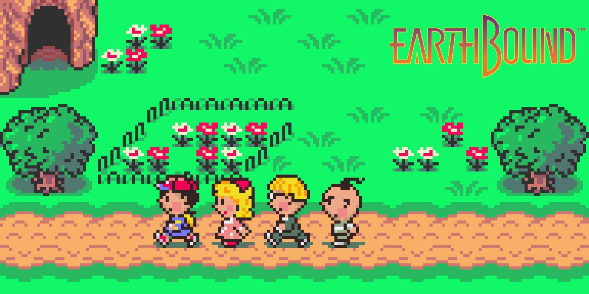 The four main characters of Earthbound walking along a dirt path.