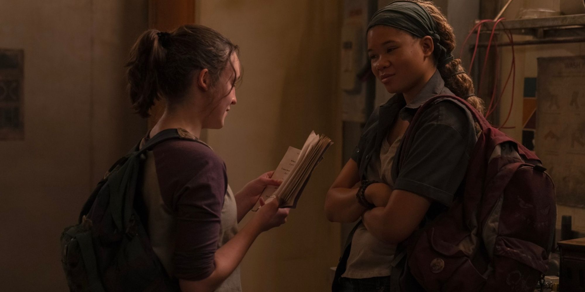 Eliie reading a book to Riley in HBO's The Last Of Us