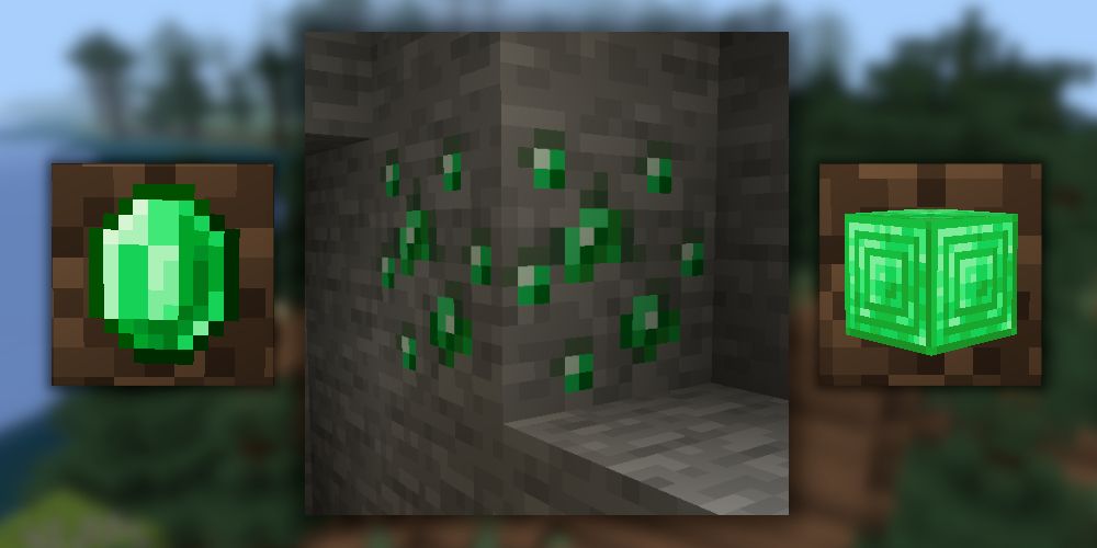Emerald ore block, emerald, and emerald block