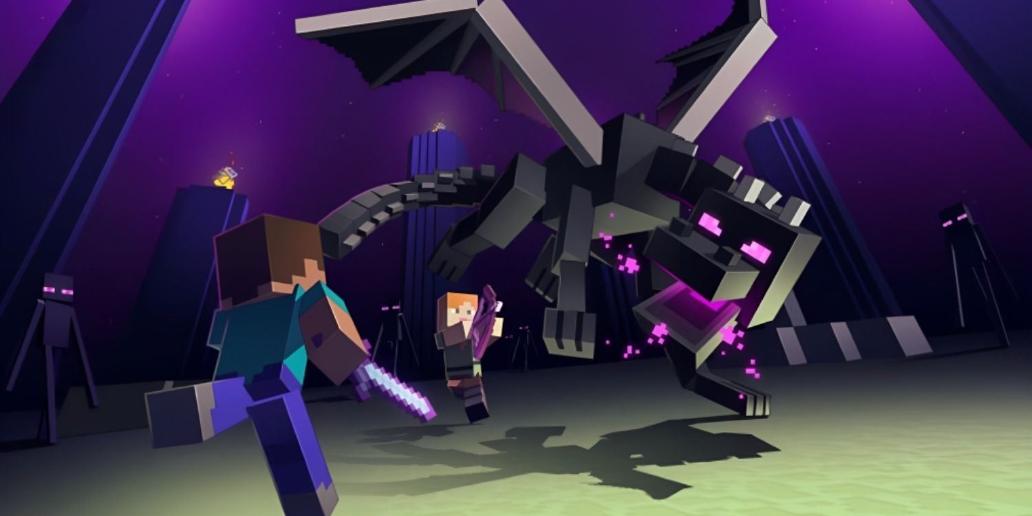 Minecraft Steve and Alex fighting the Ender Dragon