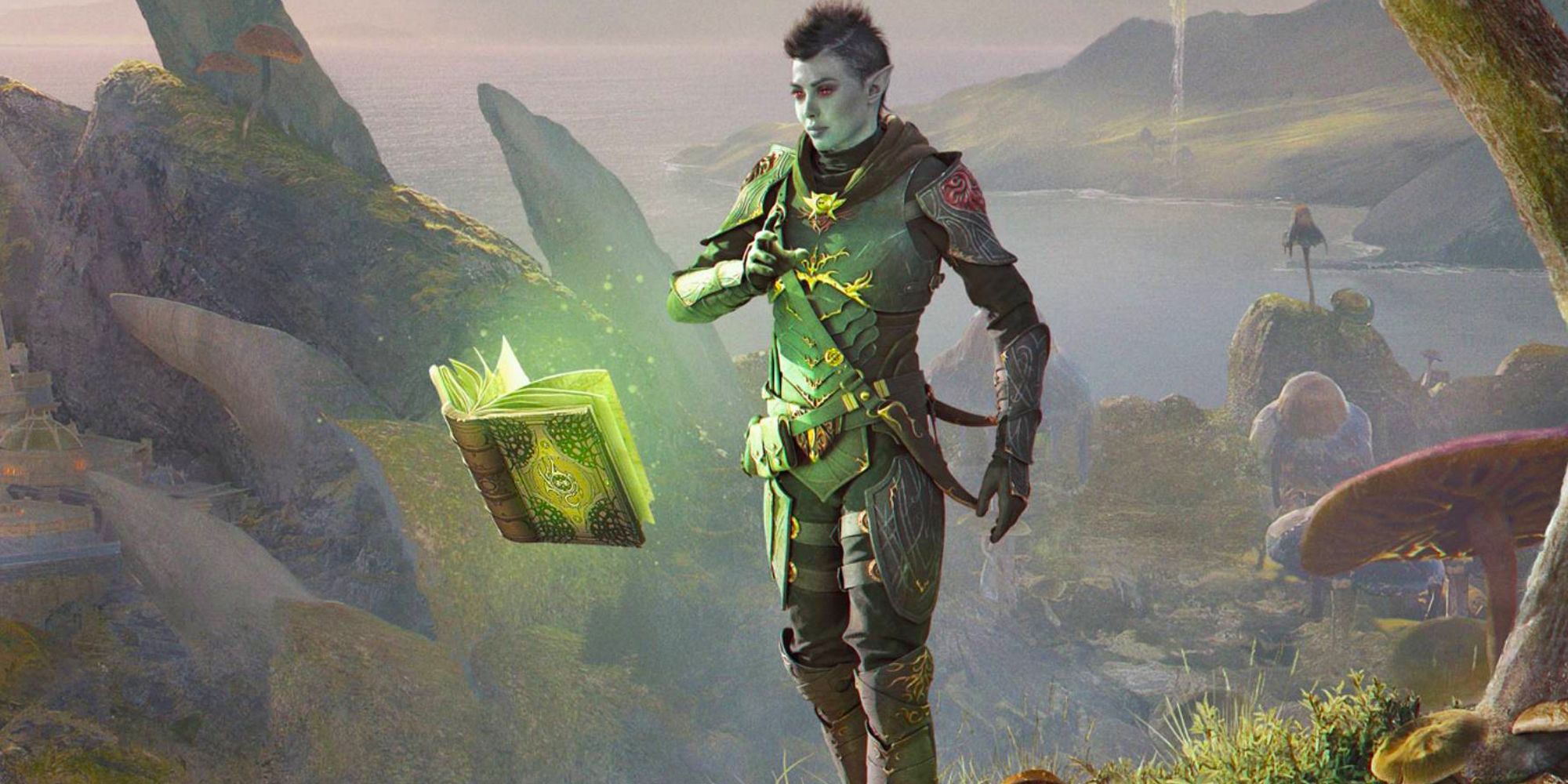 ESO Arcanist standing on a cliff in Morrowind reading a floating, green-glowing book