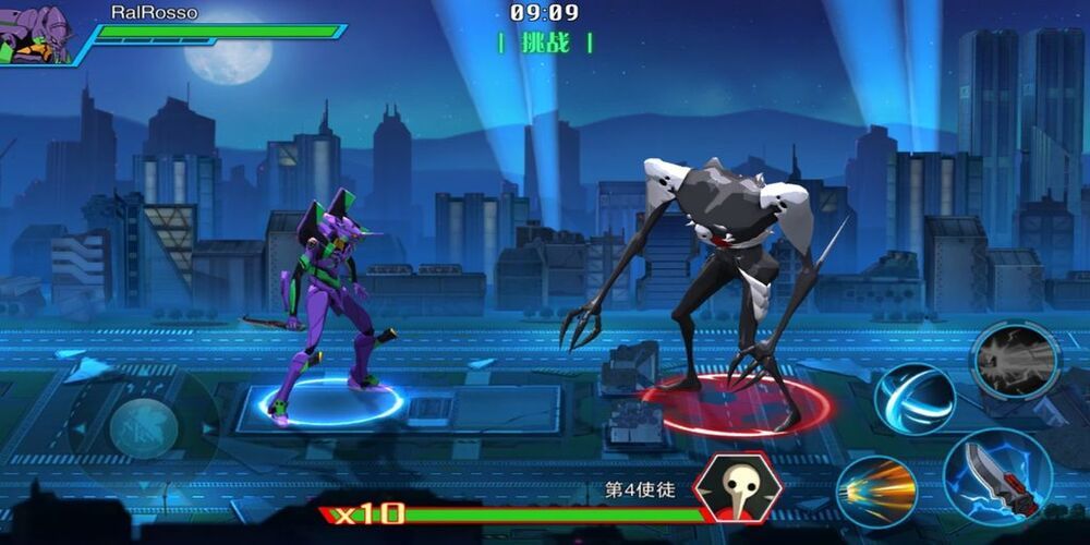 EVA Unit 01 fighting an Angel in the city at night.