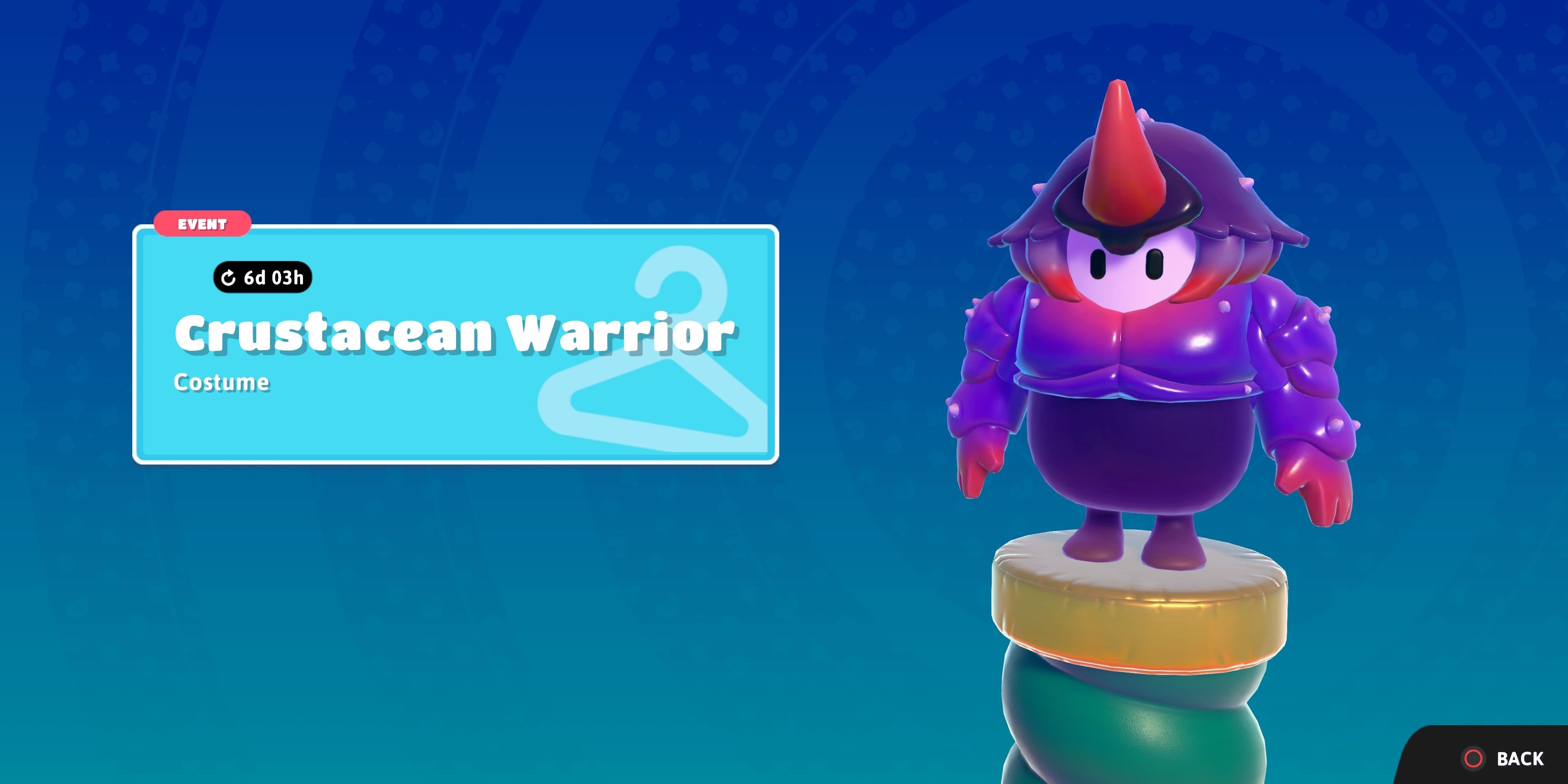A Fall Guy in the Crustacean Warrior Costume Upper on the costume's preview screen