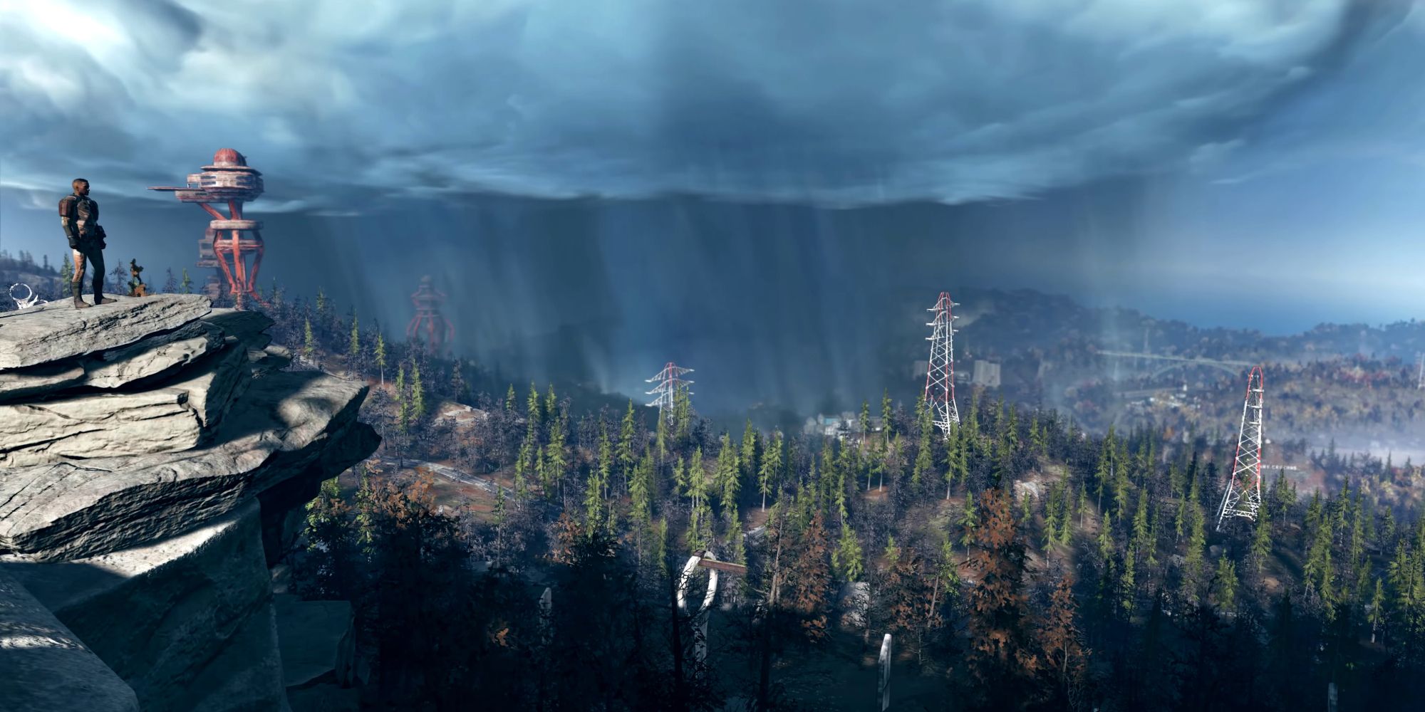 The Vault Dweller looking over the Landmark with rainclouds nearby in Fallout 76.